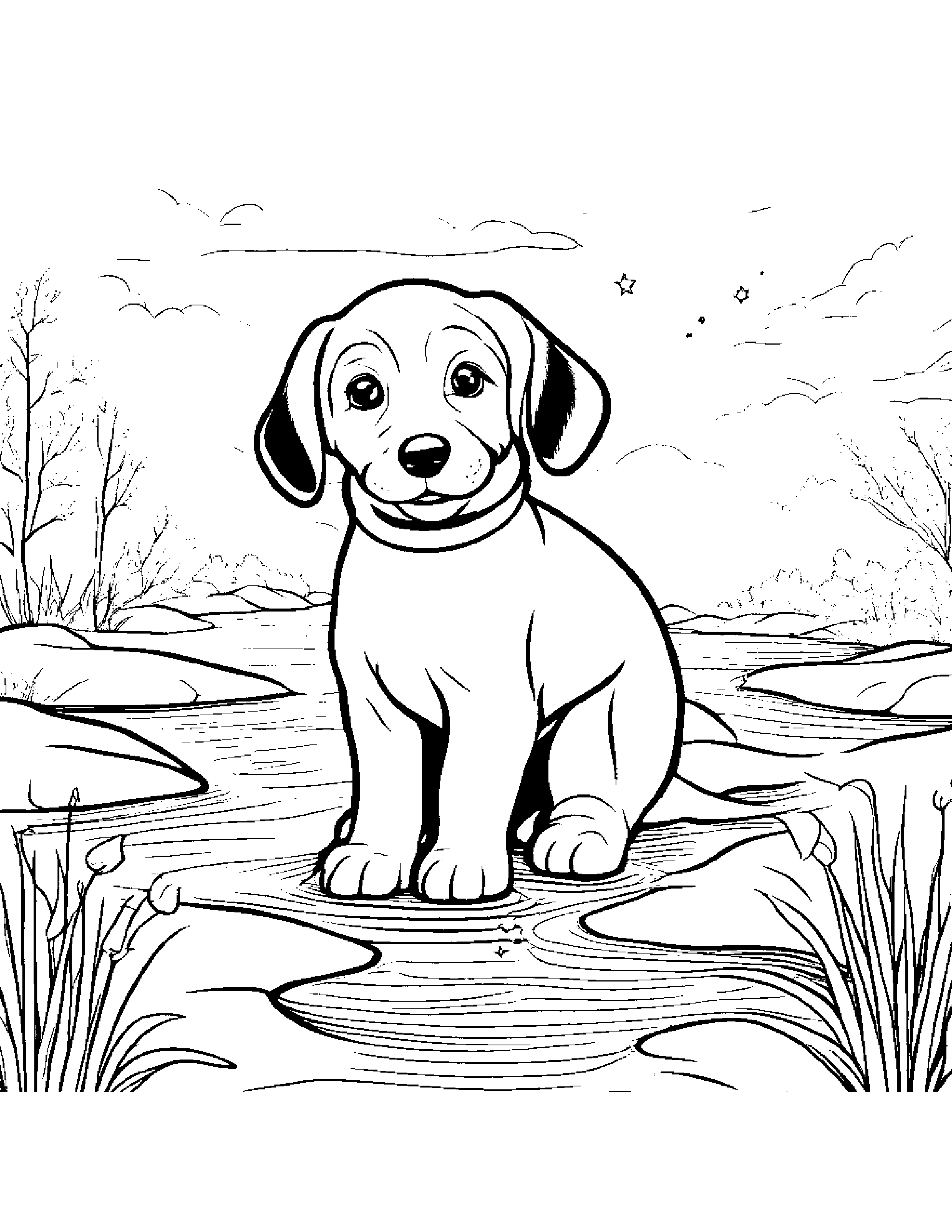 Puppy Dog With A Friendly Star Near A Gentle Stream #2 Coloring Page (Free Printable PDF)