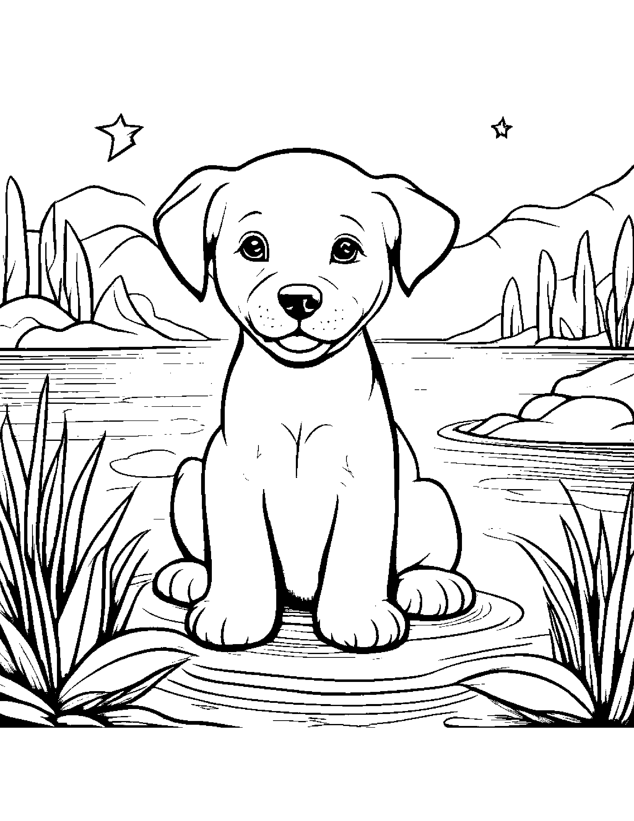 Puppy Dog With A Friendly Star Near A Gentle Stream Coloring Page (Free Printable PDF)