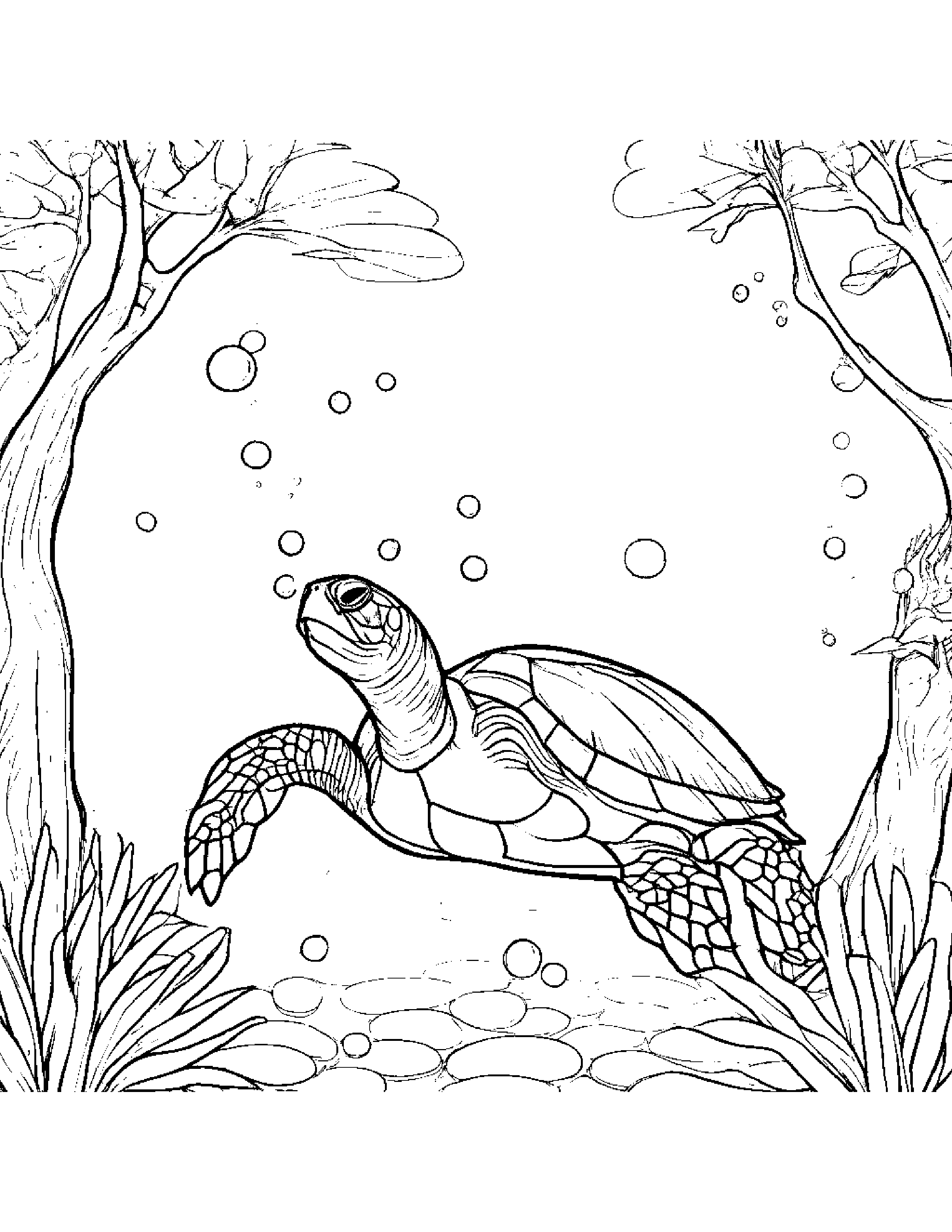 Sea Turtle Blowing Bubbles By A Little Tree #2 Coloring Page (Free Printable PDF)