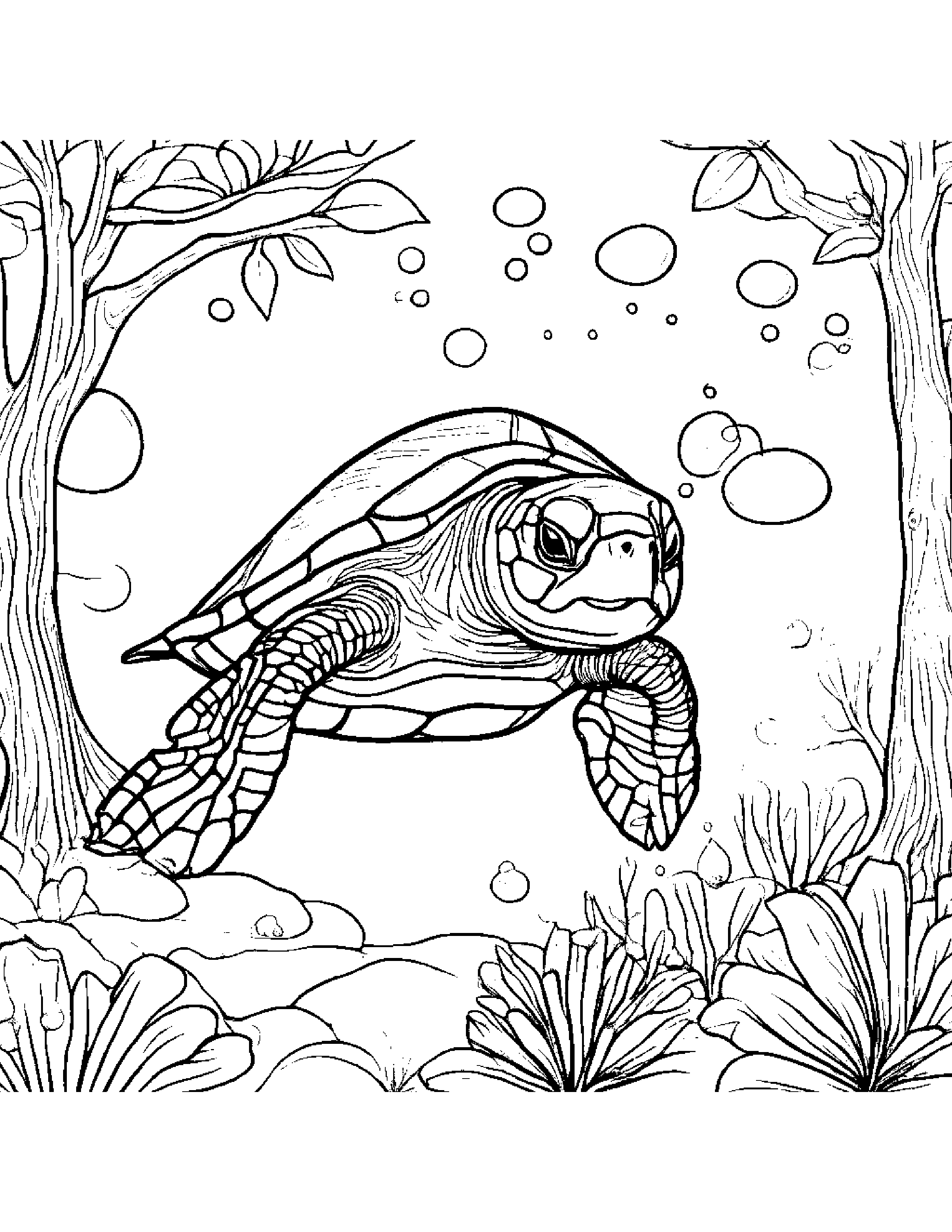 Sea Turtle Blowing Bubbles By A Little Tree #3 Coloring Page (Free Printable PDF)