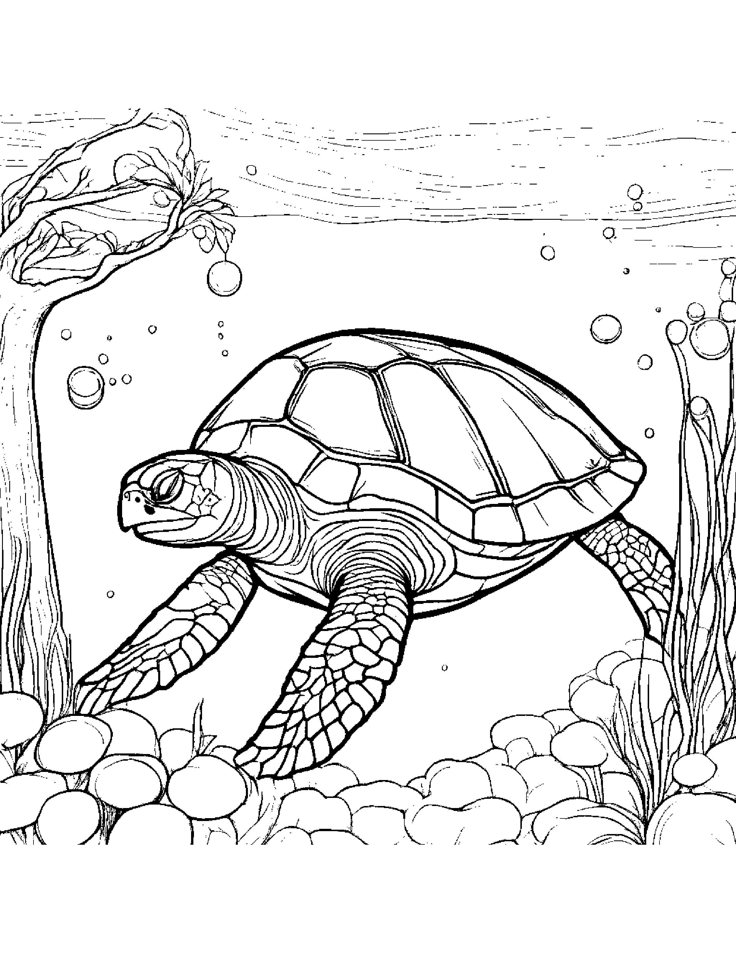Sea Turtle Blowing Bubbles By A Little Tree #4 Coloring Page (Free Printable PDF)