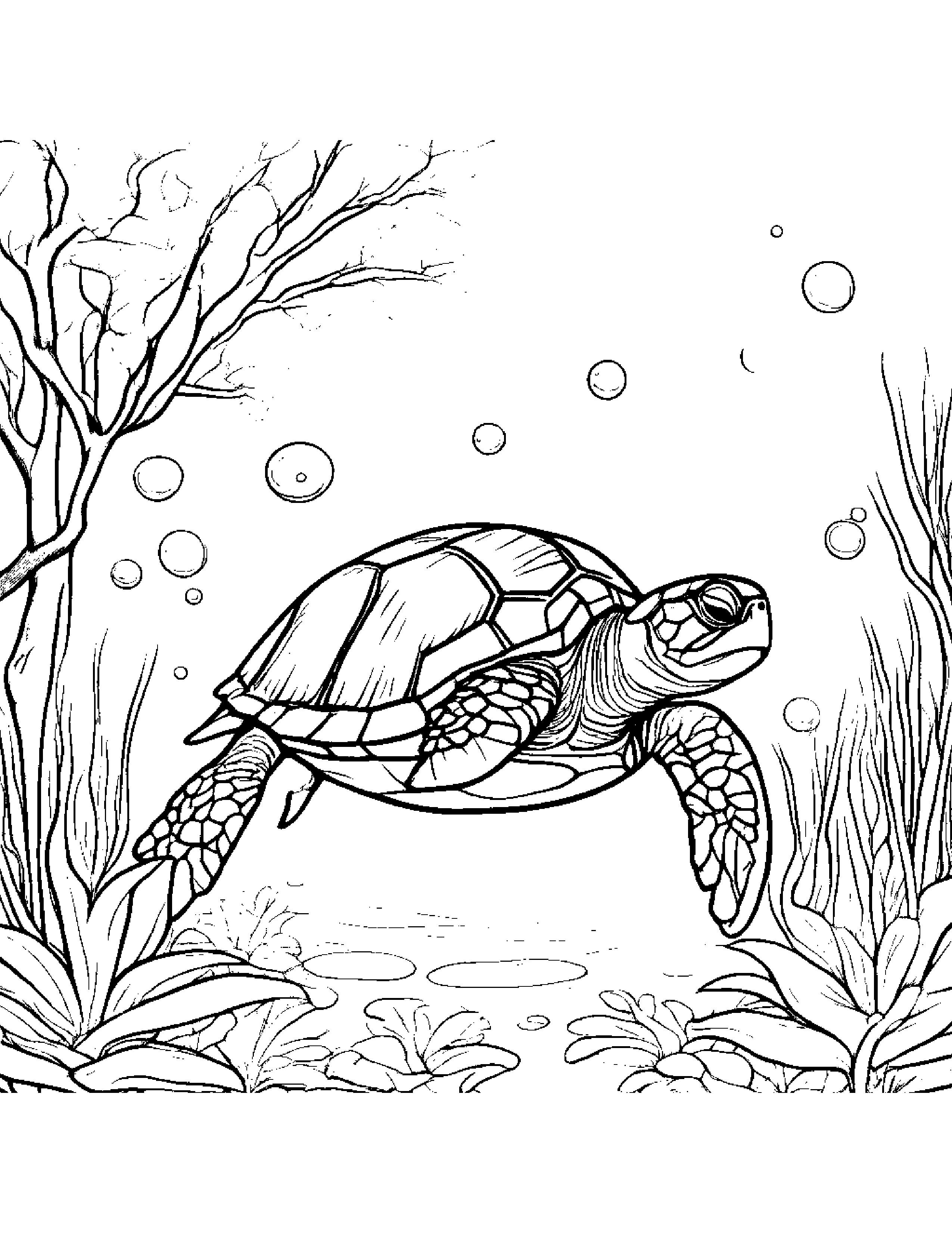 Sea Turtle Blowing Bubbles By A Little Tree Coloring Page (Free Printable PDF)