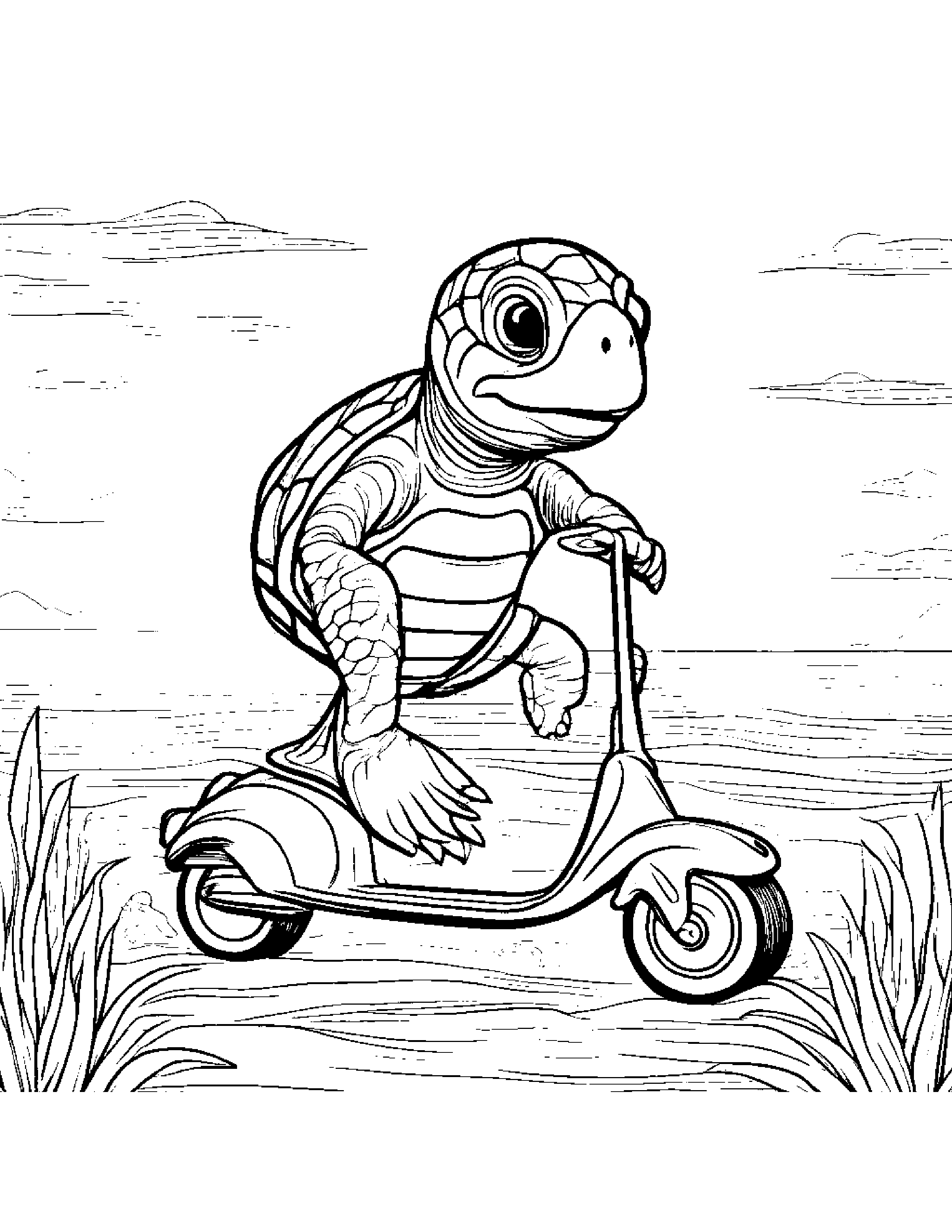 Sea Turtle Riding A Scooter #2 Coloring Page (Free Printable PDF)