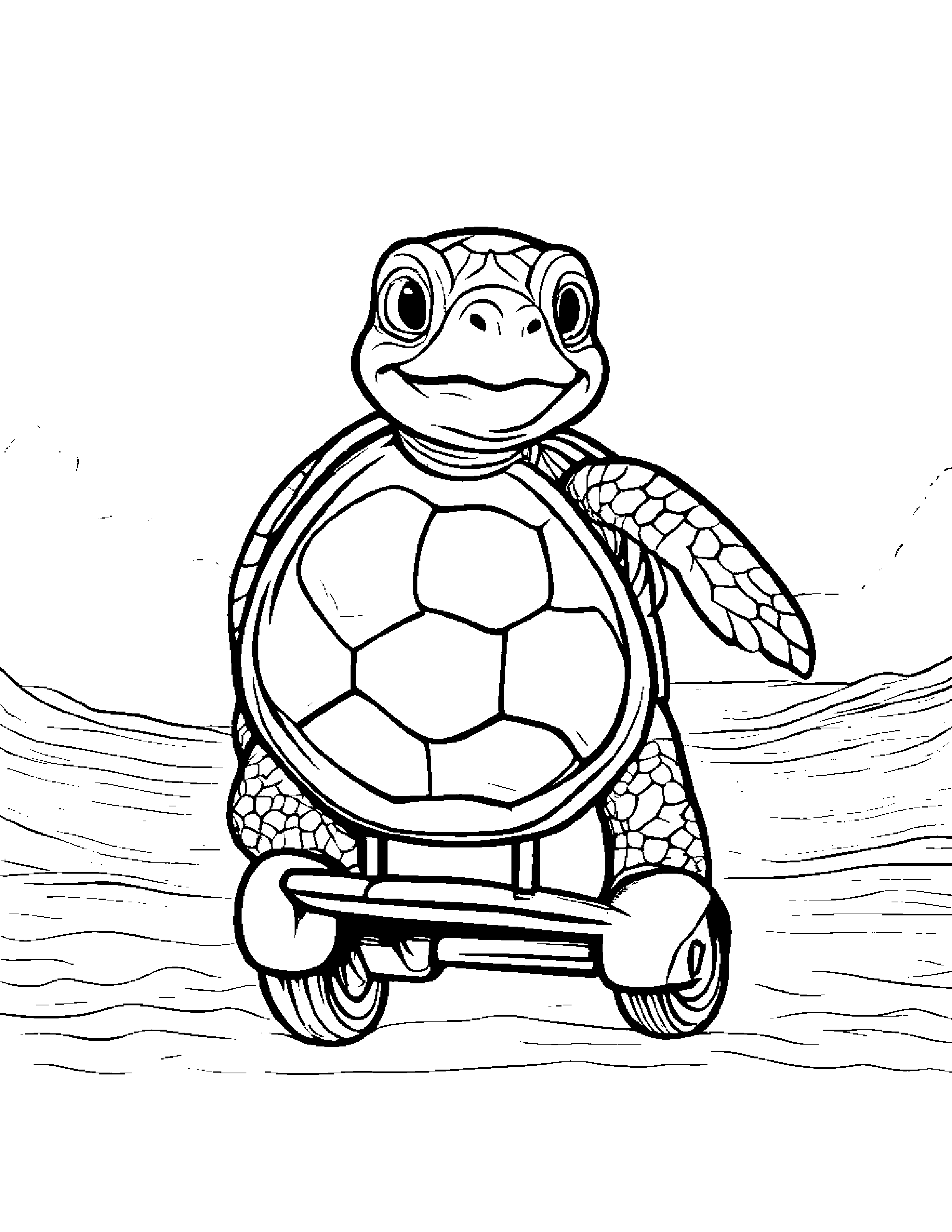 Sea Turtle Riding A Scooter #3 Coloring Page (Free Printable PDF)