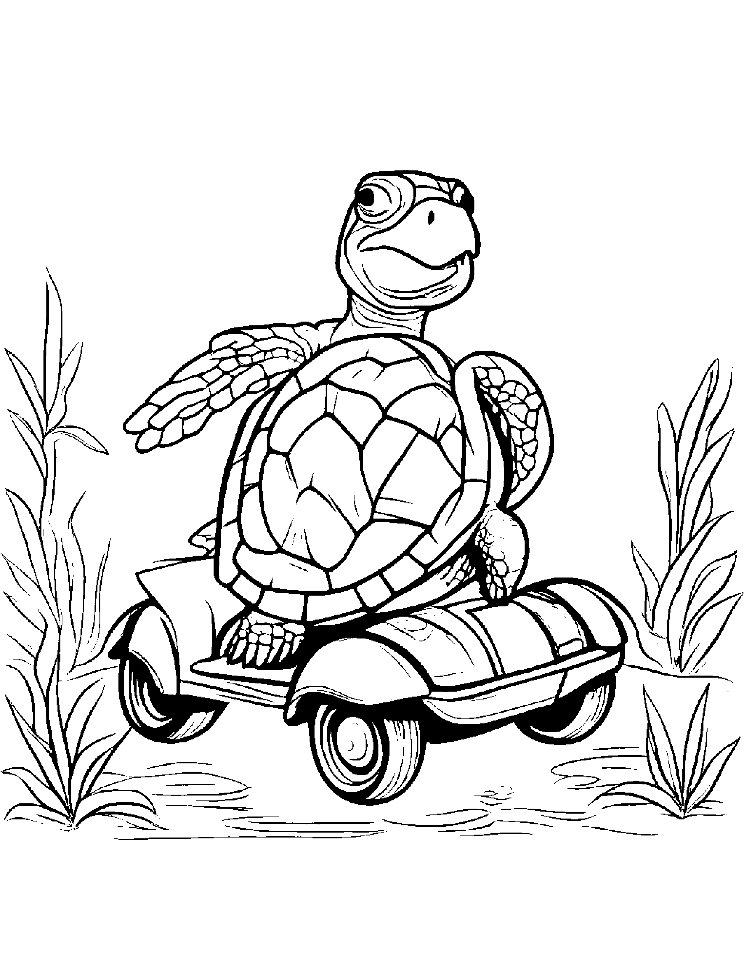 Sea Turtle Riding A Scooter Coloring Page (Free Printable PDF)