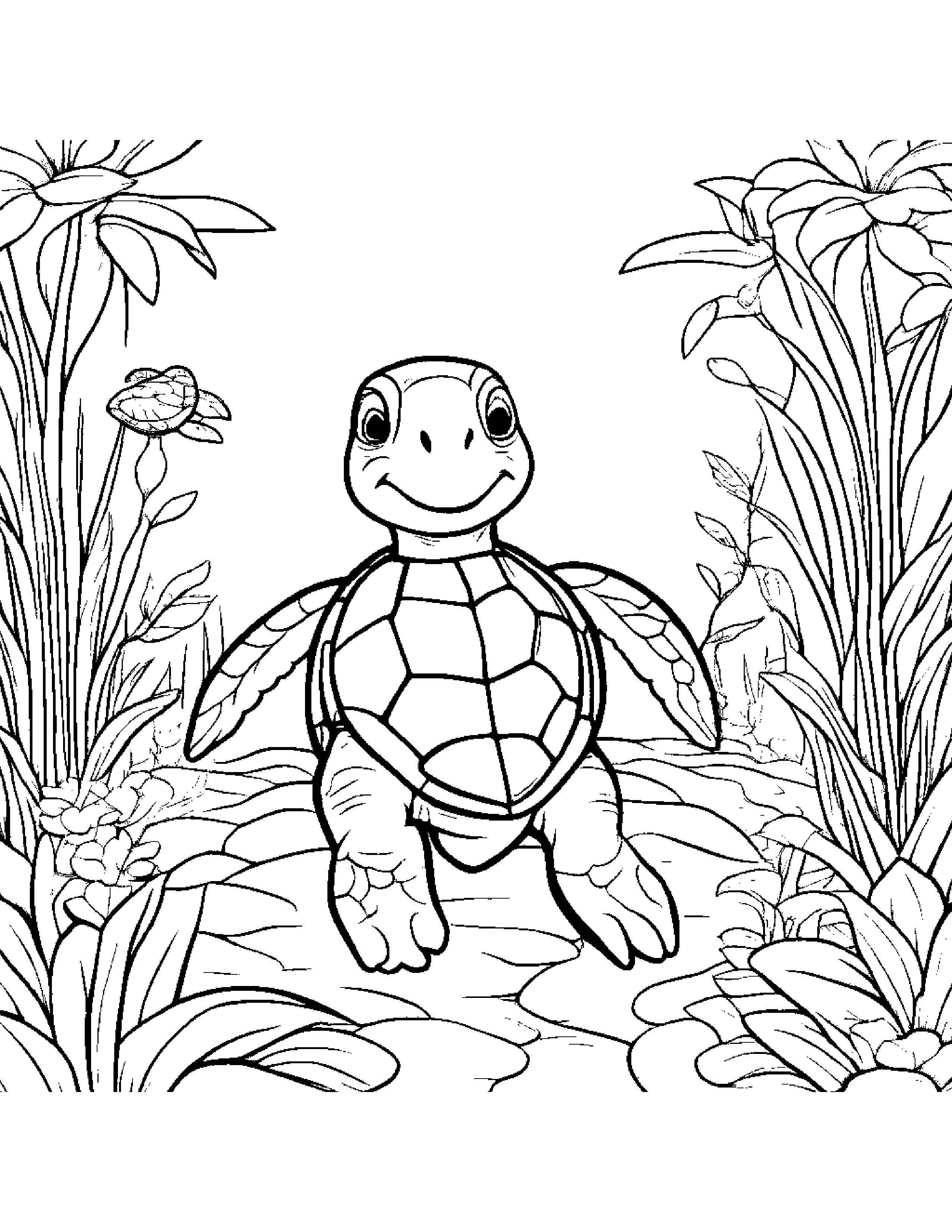 Sea Turtle Tidying Toys In A Cozy Garden #2 Coloring Page (Free Printable PDF)