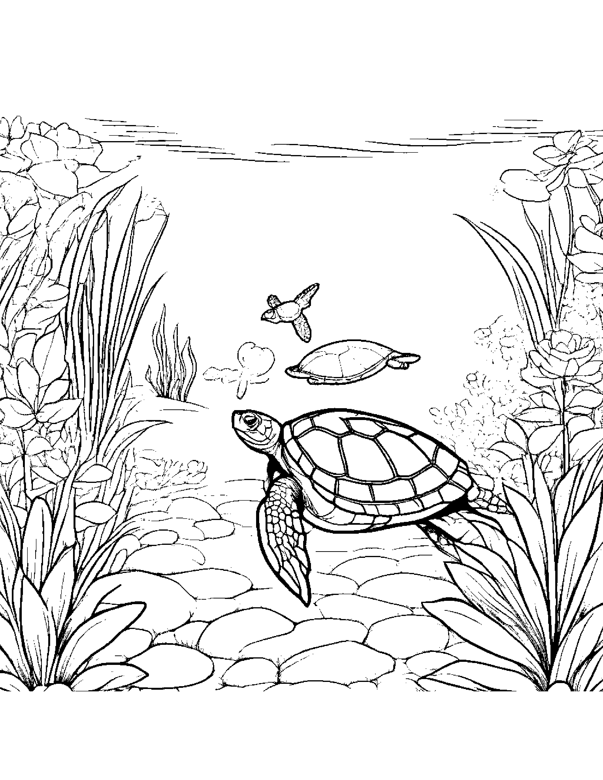 Sea Turtle Tidying Toys In A Cozy Garden #3 Coloring Page (Free Printable PDF)