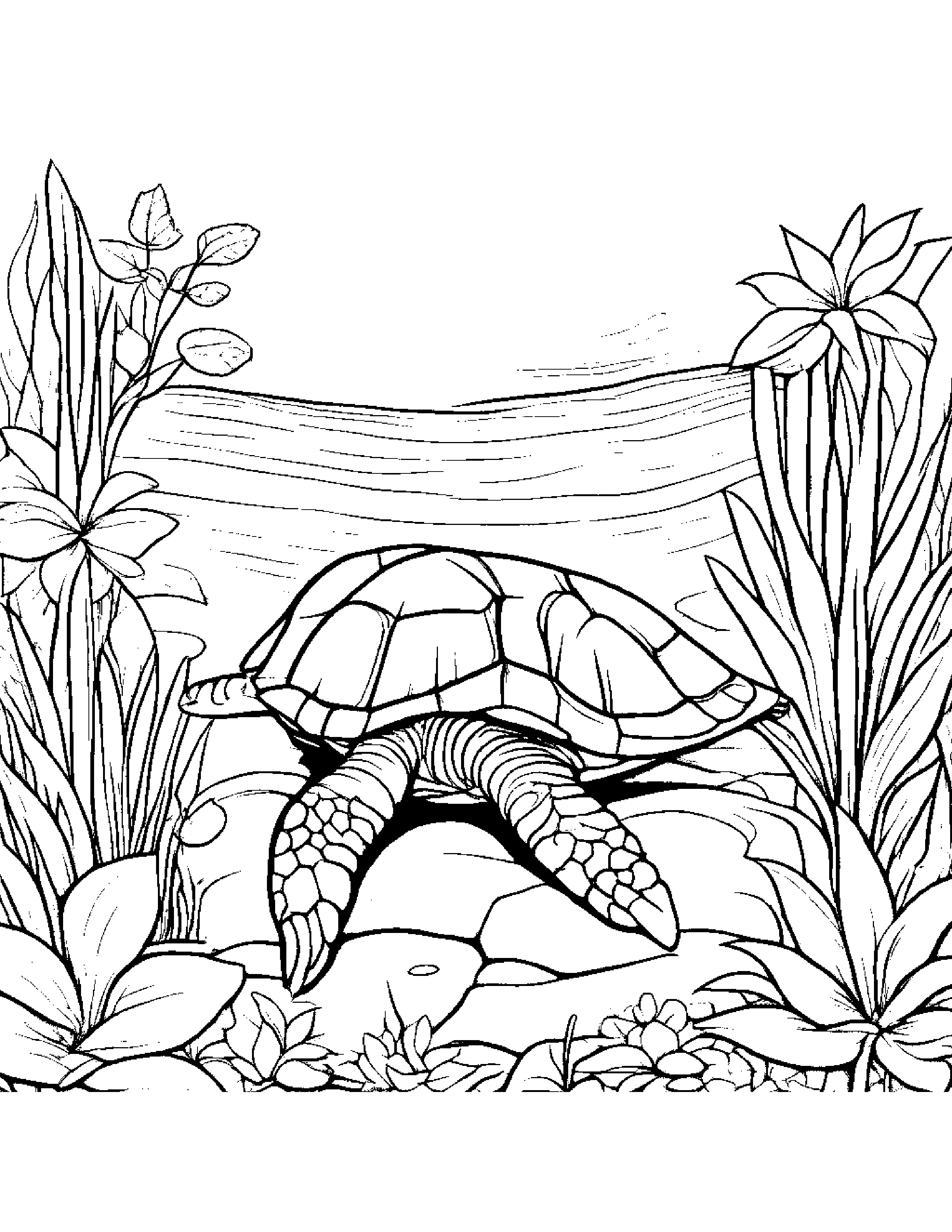Sea Turtle Tidying Toys In A Cozy Garden Coloring Page (Free Printable PDF)