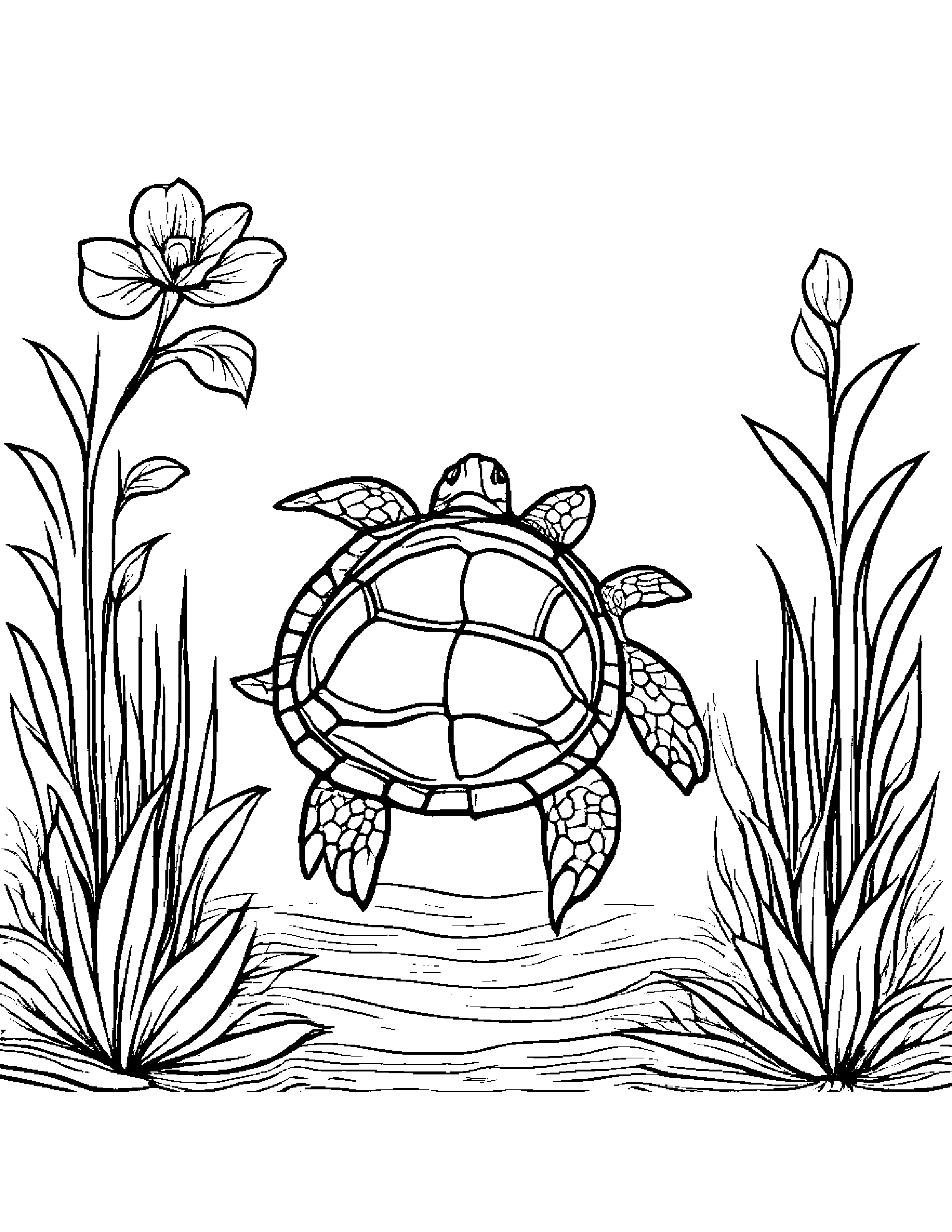 Sea Turtle Watering A Plant Coloring Page (Free Printable PDF)