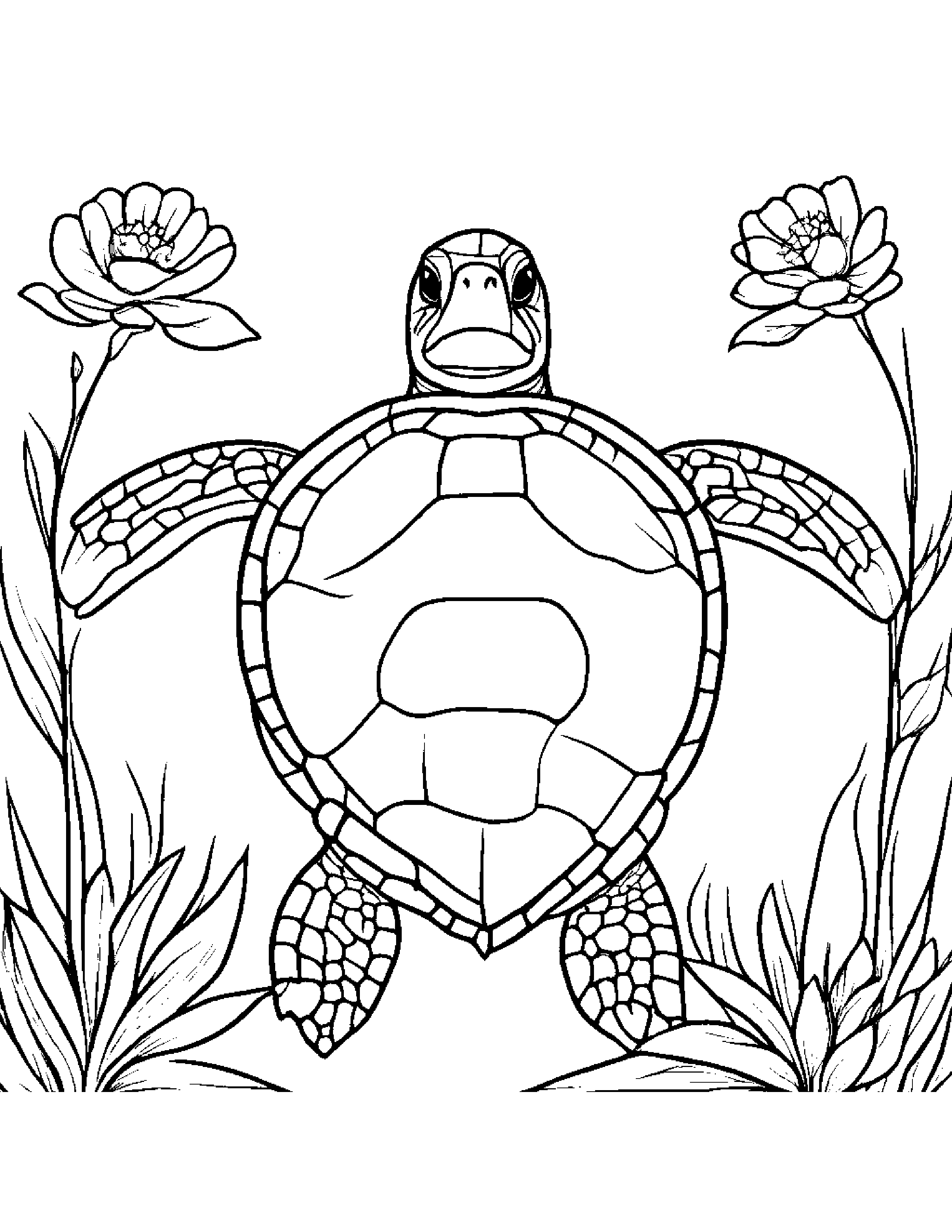 Sea Turtle With A Small Flower #2 Coloring Page (Free Printable PDF)