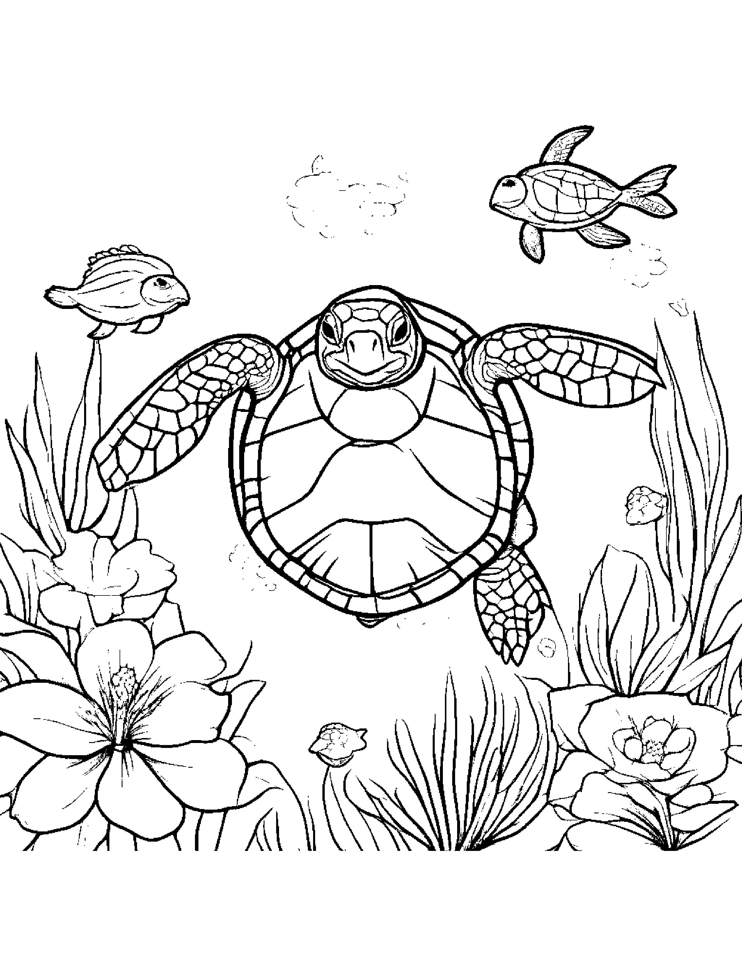 Sea Turtle With A Small Flower #3 Coloring Page (Free Printable PDF)