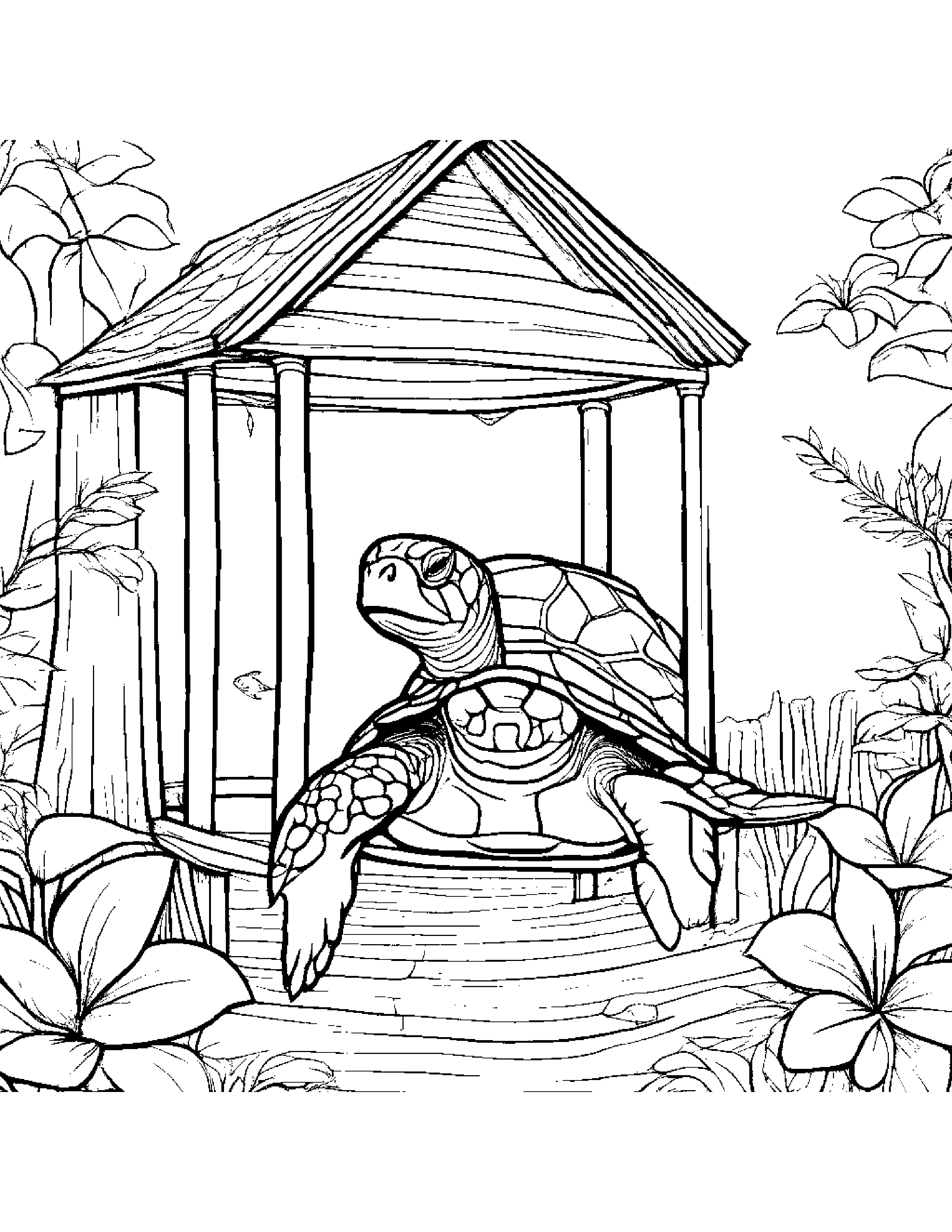 Sea Turtle With A Small Flower In A Treehouse #2 Coloring Page (Free Printable PDF)