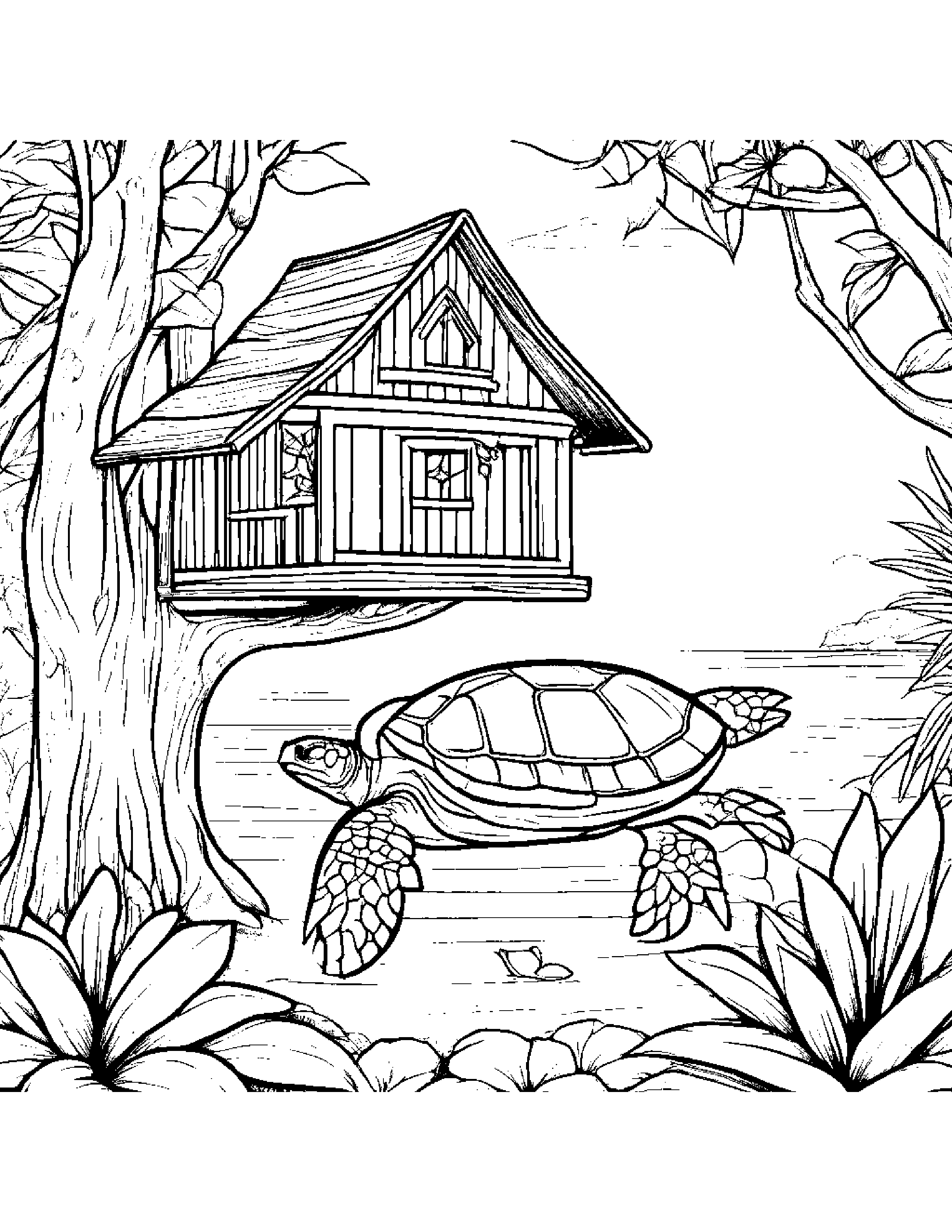 Sea Turtle With A Small Flower In A Treehouse #3 Coloring Page (Free Printable PDF)