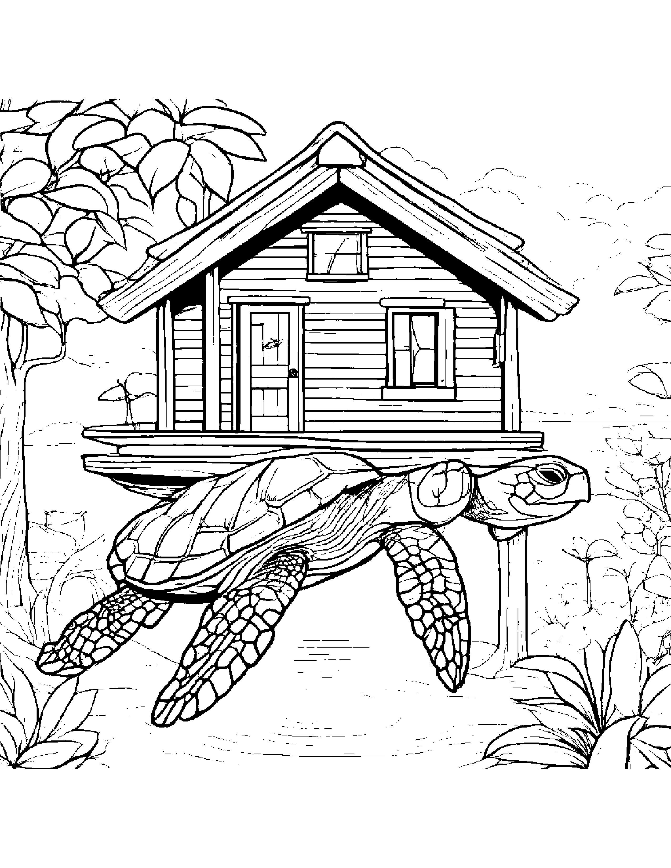 Sea Turtle With A Small Flower In A Treehouse #4 Coloring Page (Free Printable PDF)