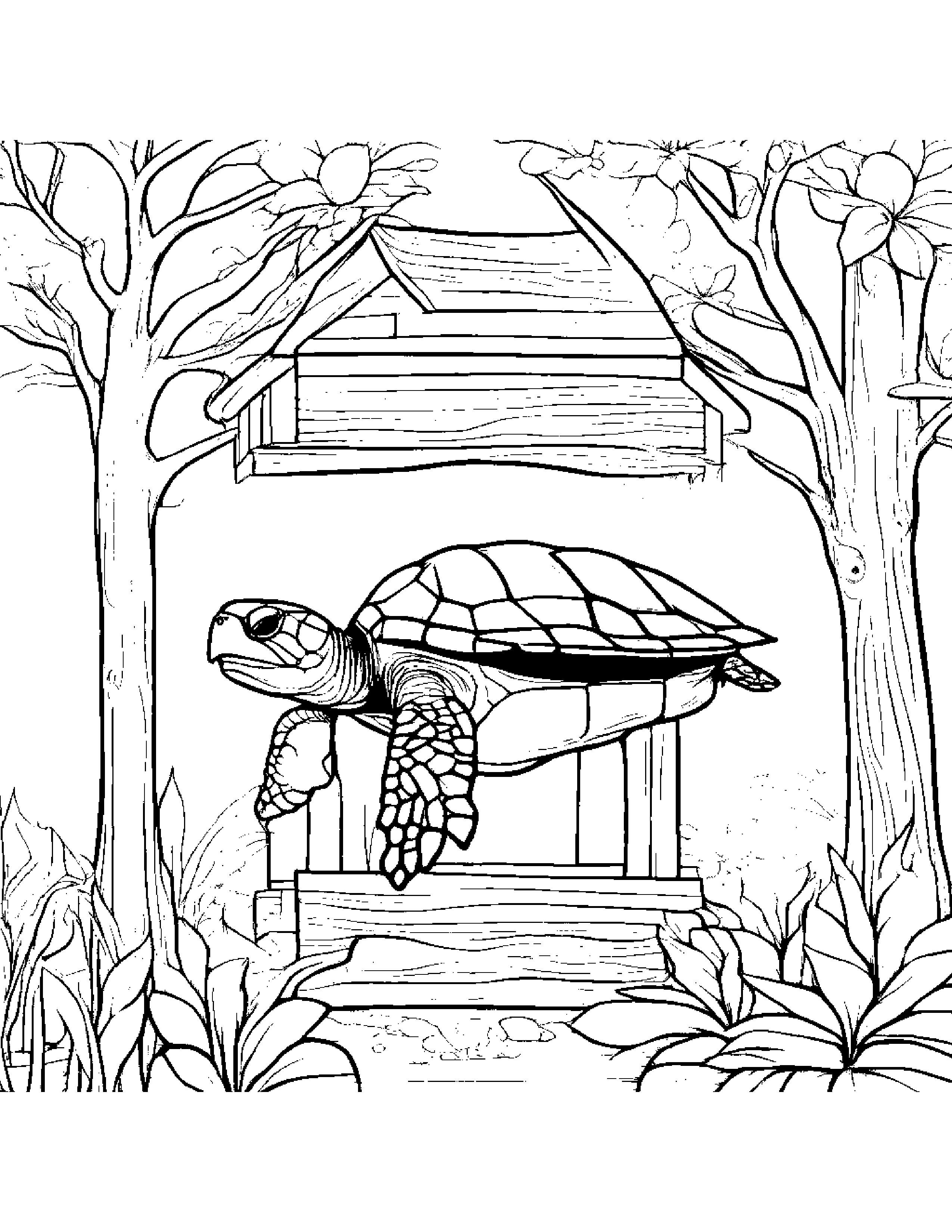Sea Turtle With A Small Flower In A Treehouse #5 Coloring Page (Free Printable PDF)