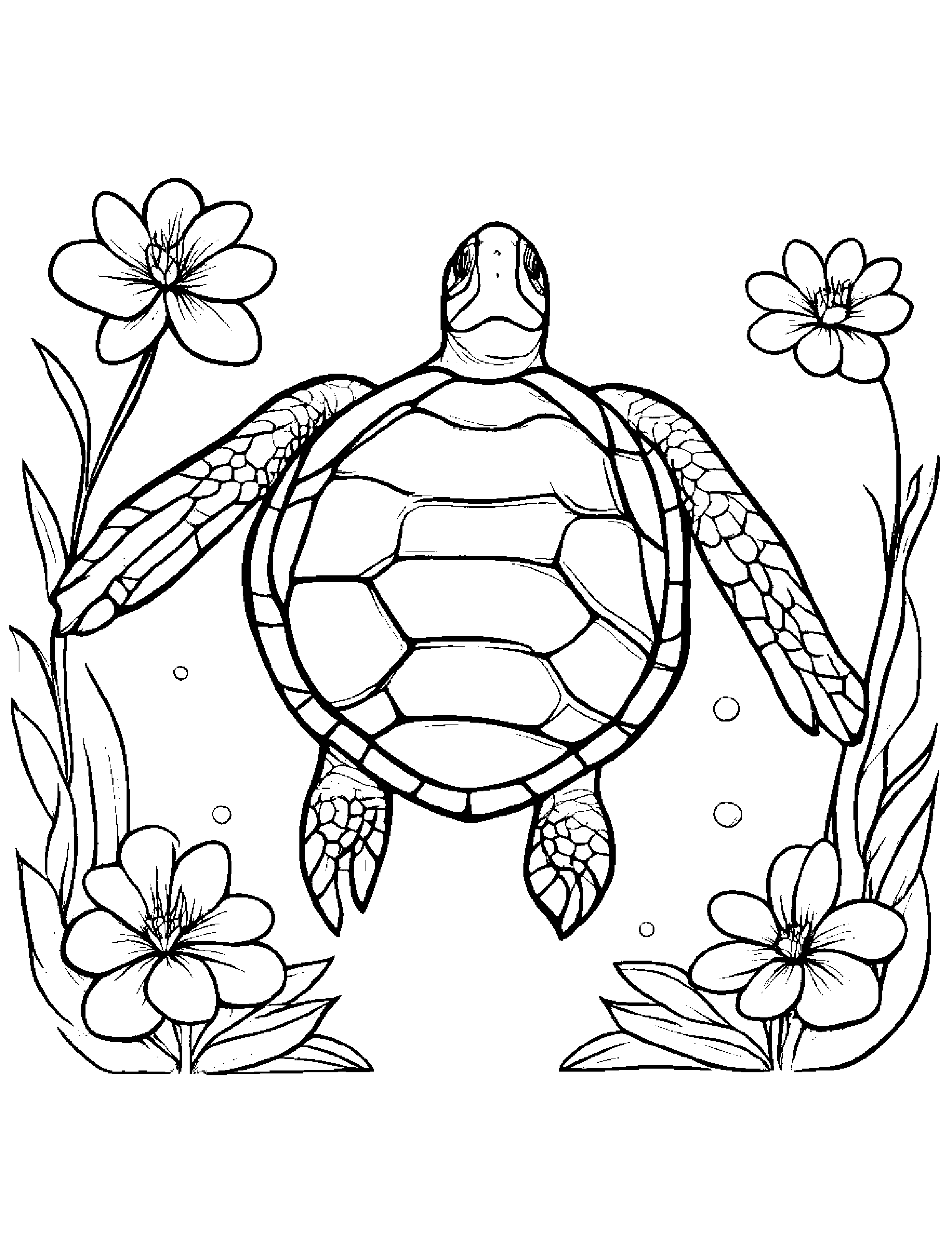 Sea Turtle With A Small Flower Coloring Page (Free Printable PDF)