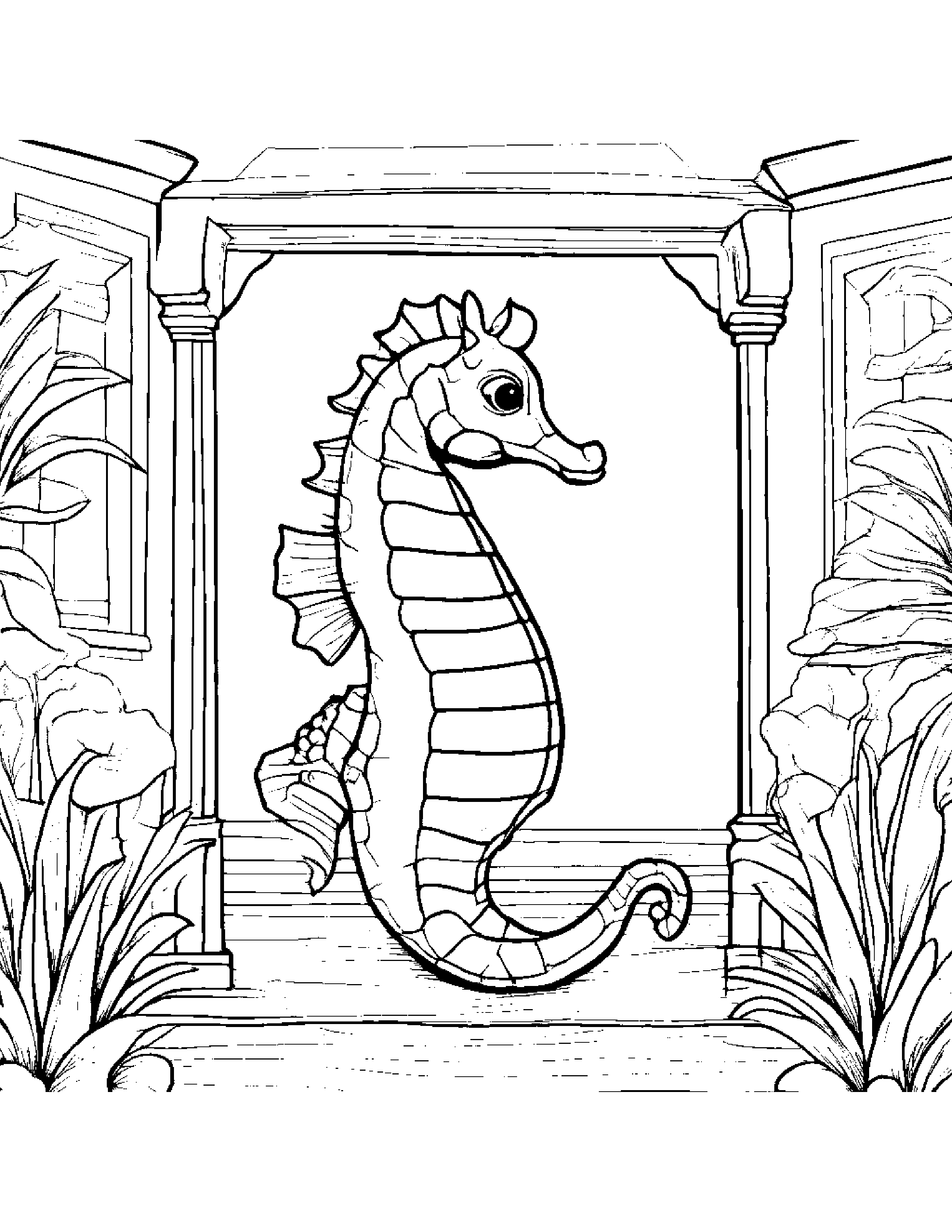 Seahorse Giving A High Five By A Reading Nook #2 Coloring Page (Free Printable PDF)