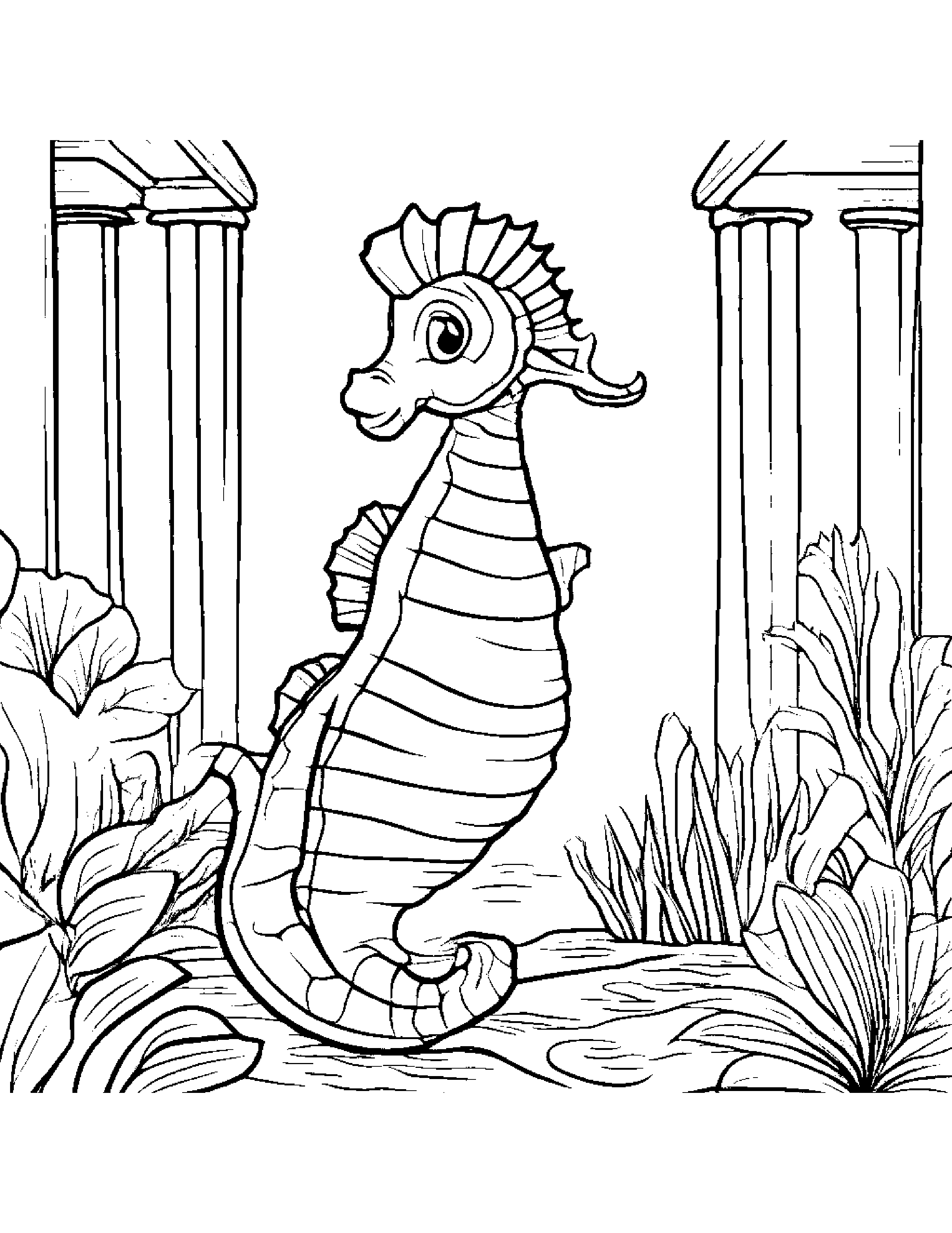Seahorse Giving A High Five By A Reading Nook #3 Coloring Page (Free Printable PDF)