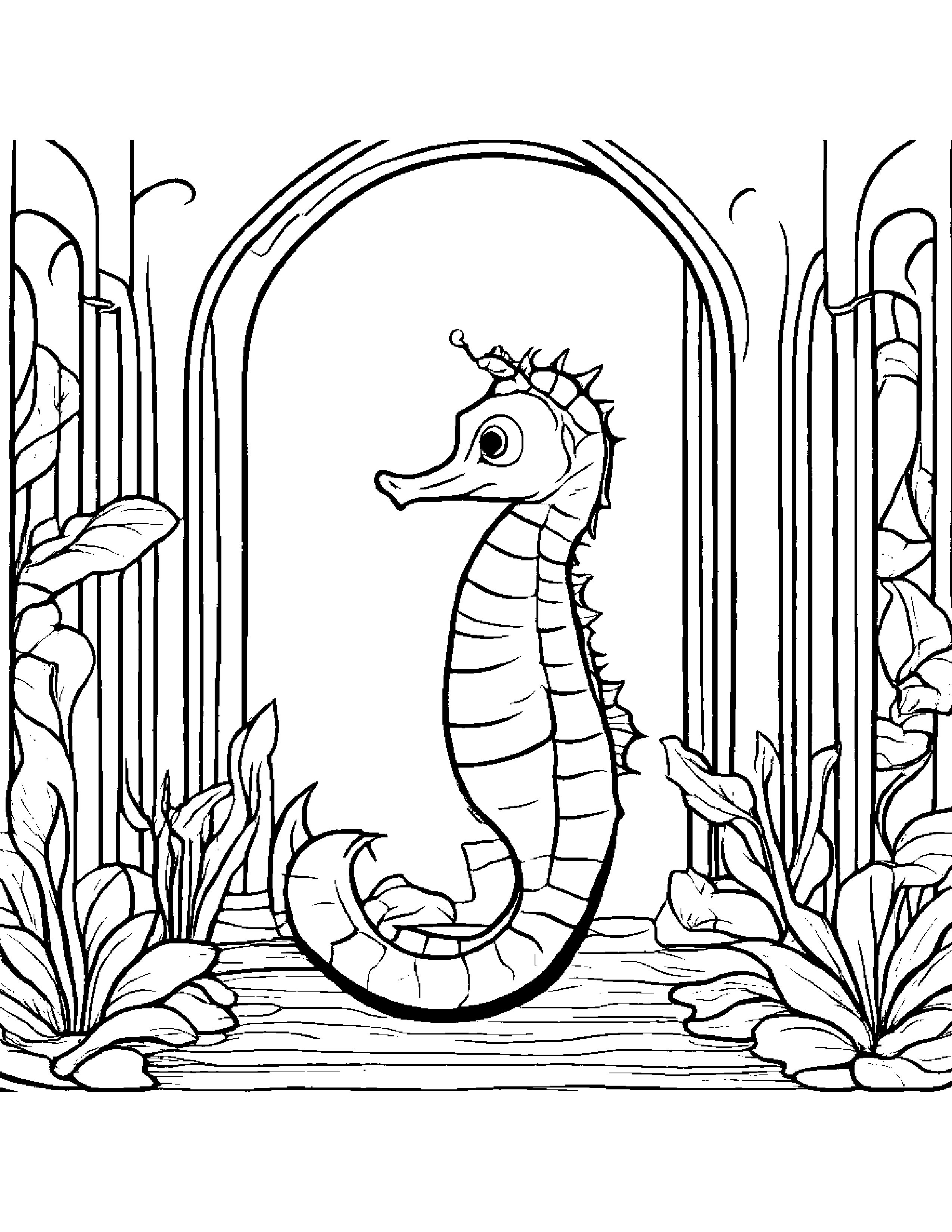 Seahorse Giving A High Five By A Reading Nook Coloring Page (Free Printable PDF)