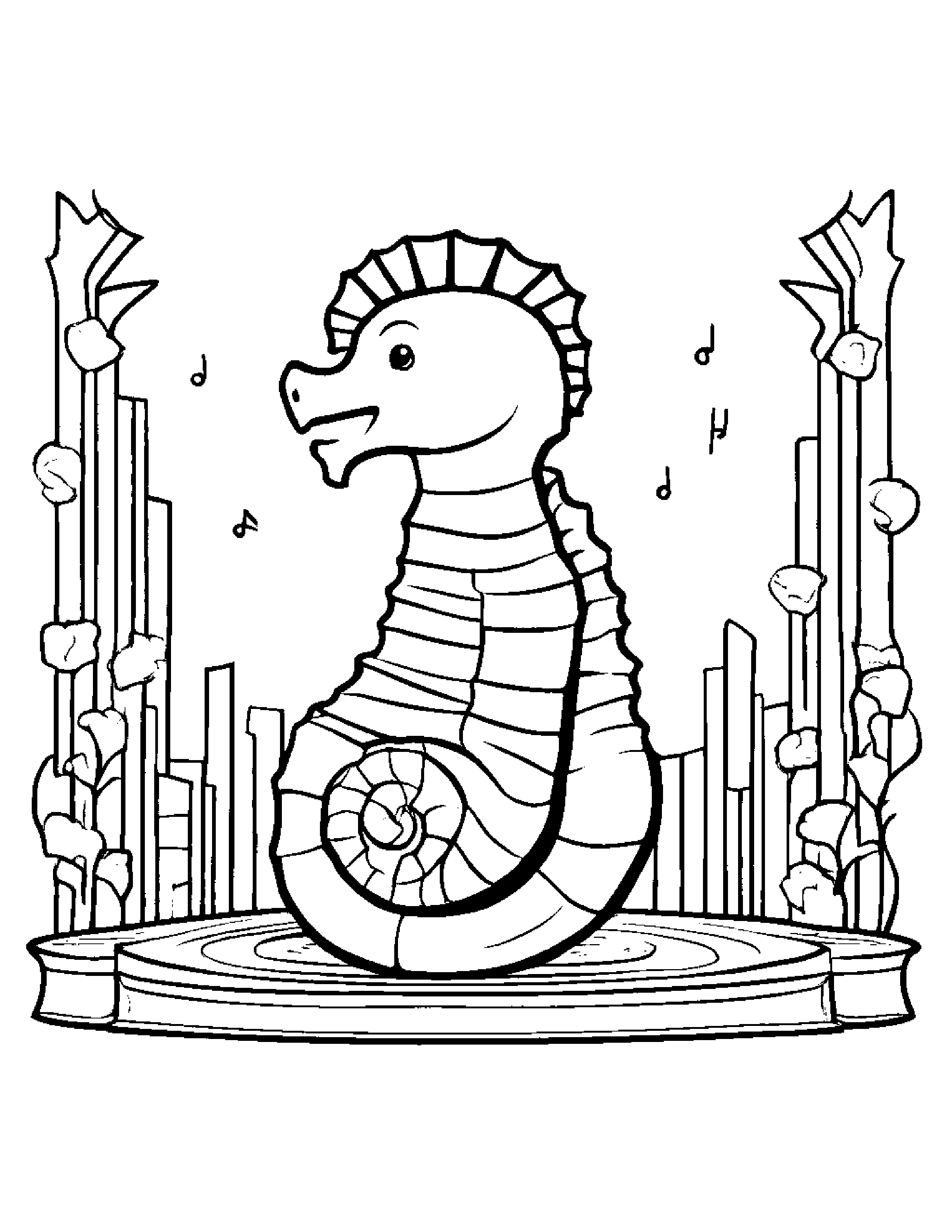 Seahorse With A Little Heart On A Music Stage #3 Coloring Page (Free Printable PDF)