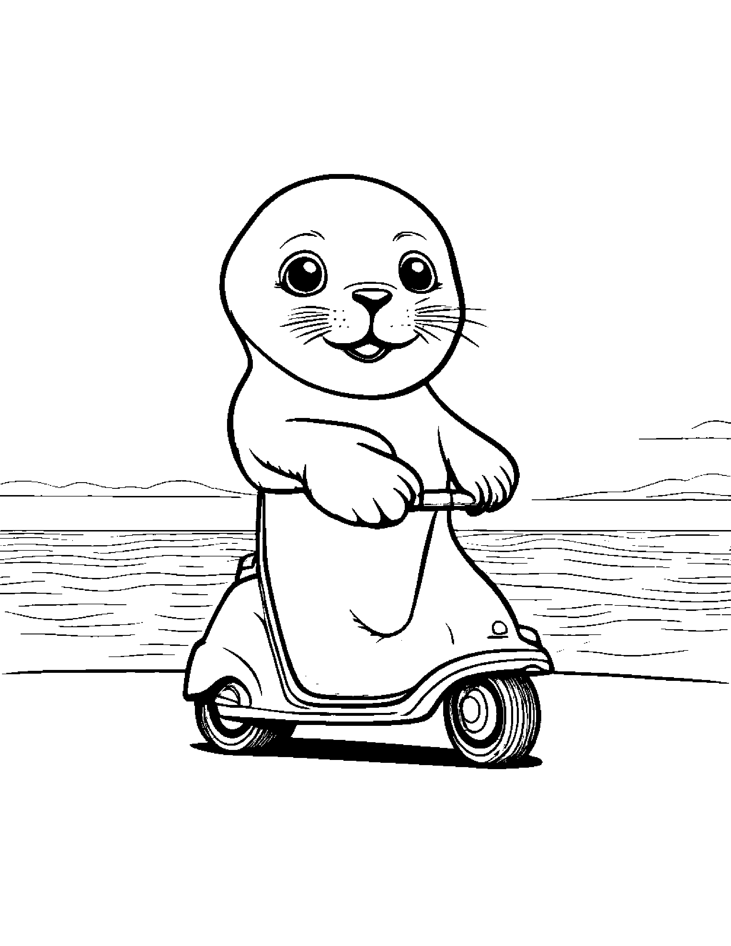 Seal Pup Riding A Scooter Coloring Page (Free Printable PDF)