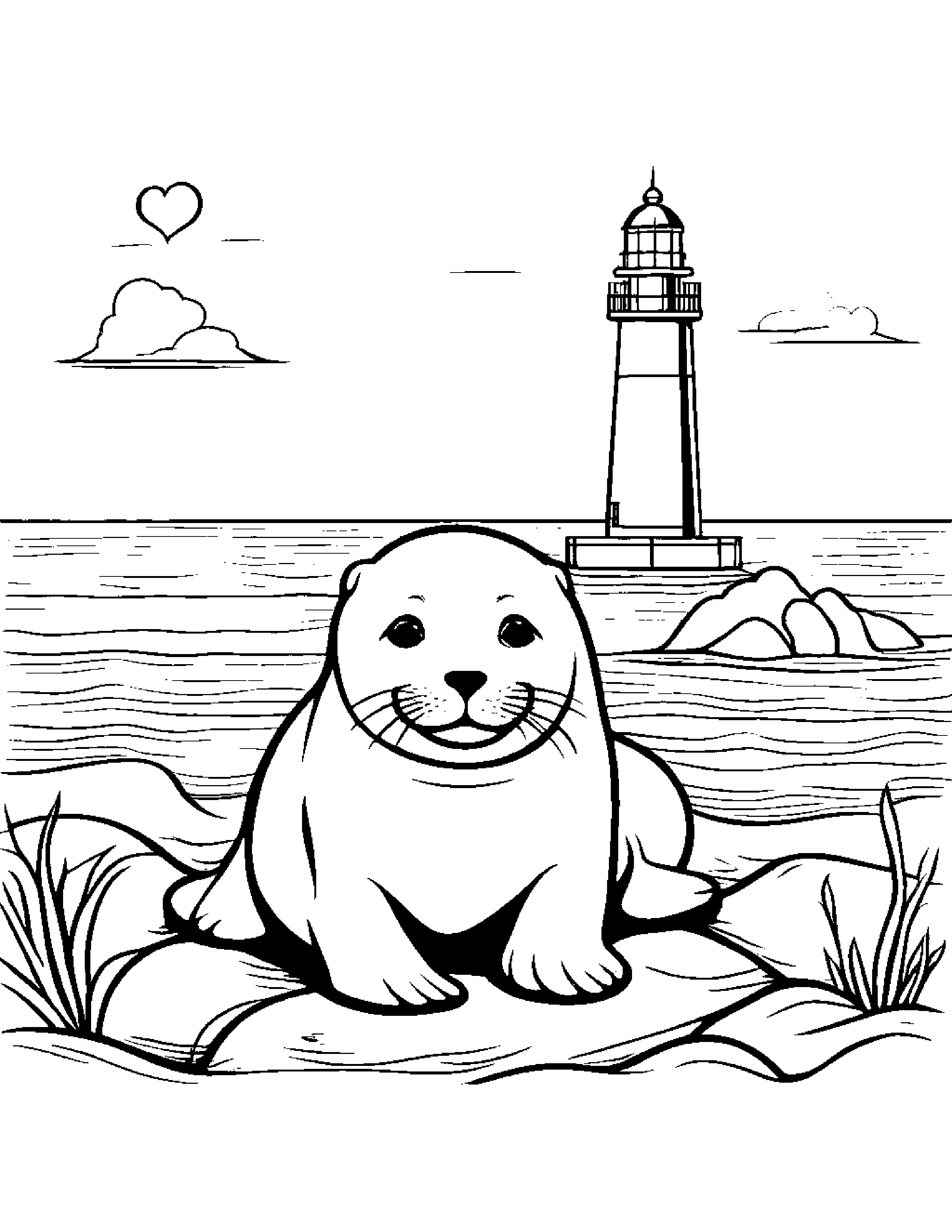 Seal Pup With A Little Heart Near A Lighthouse #2 Coloring Page (Free Printable PDF)