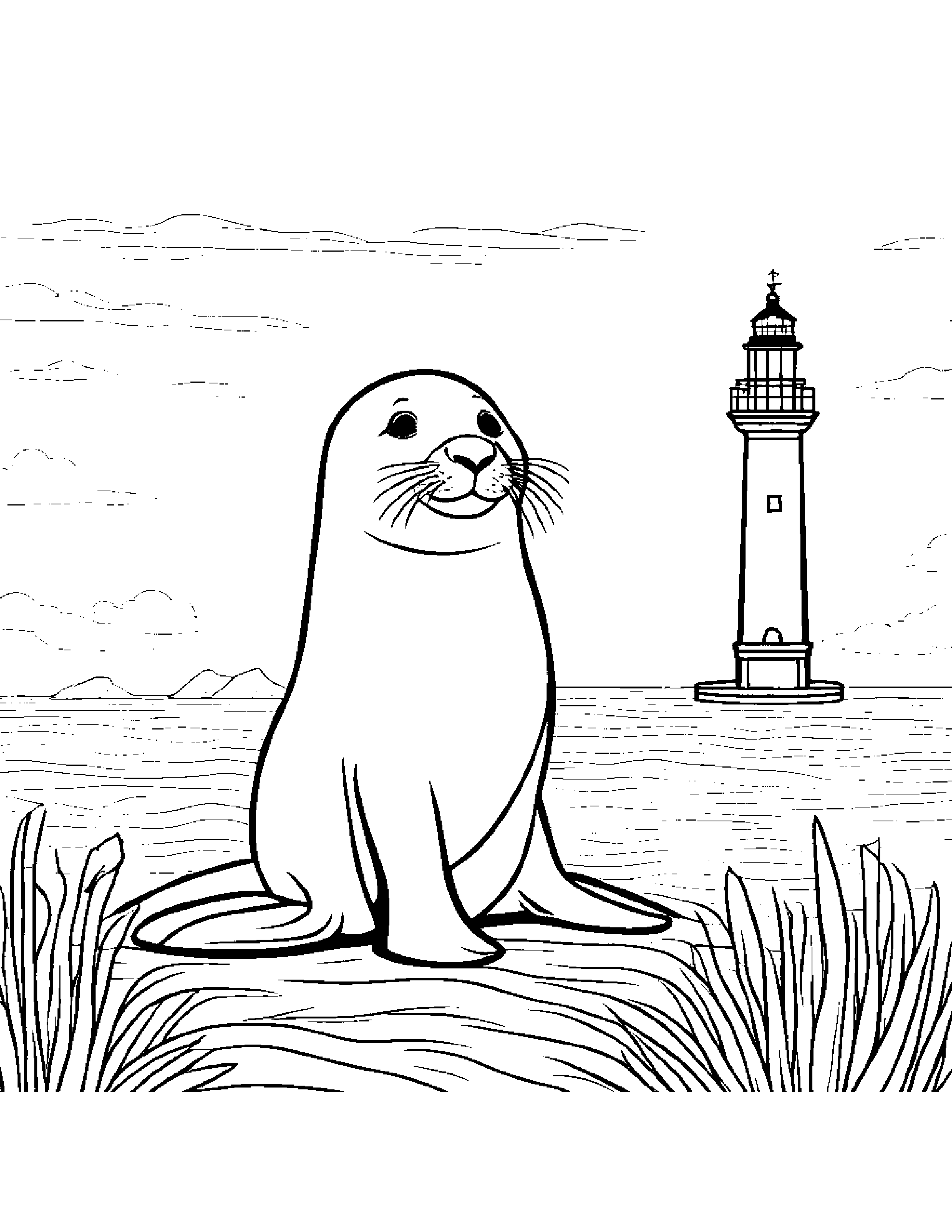 Seal Pup With A Little Heart Near A Lighthouse Coloring Page (Free Printable PDF)