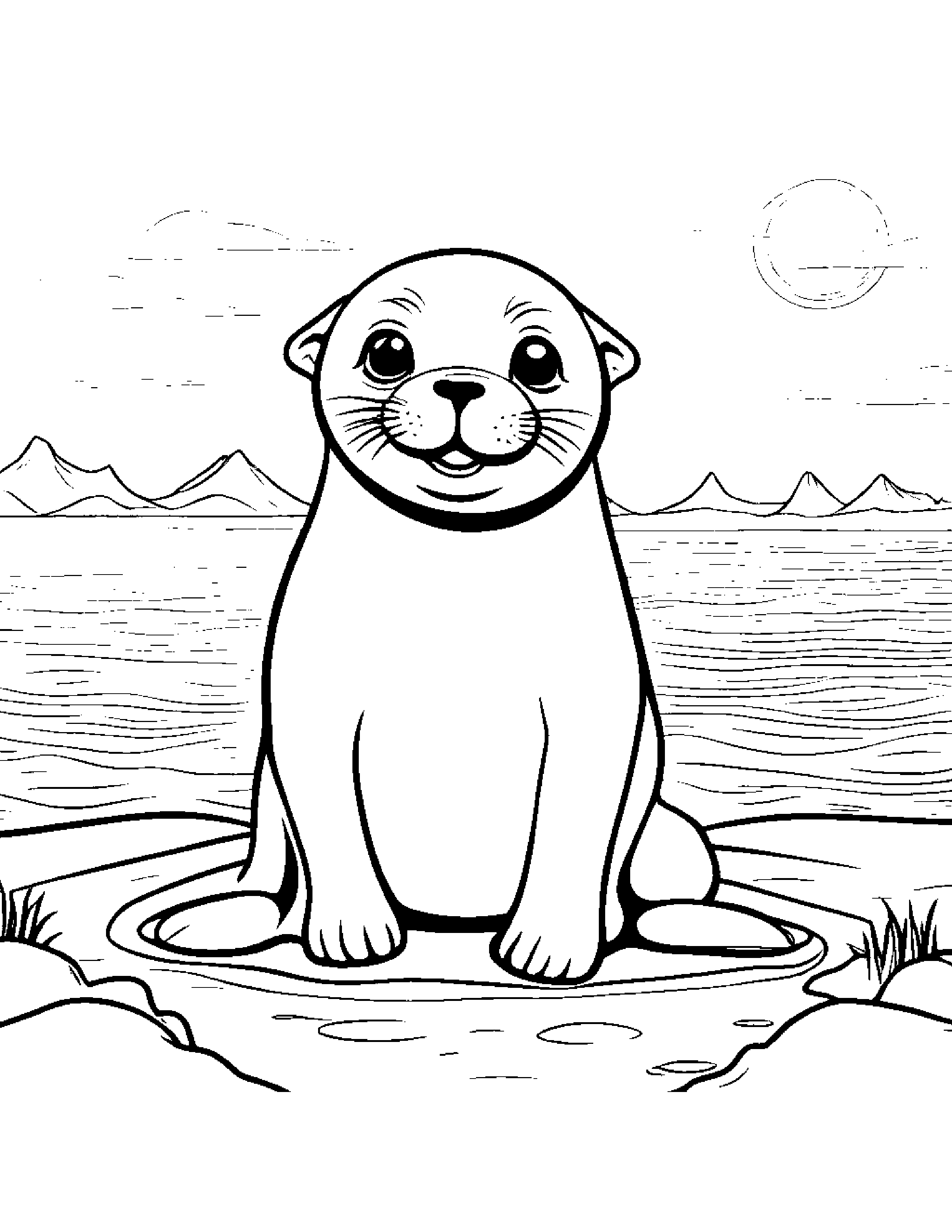 Seal Pup With A Sunny Sticker At The Playground #2 Coloring Page (Free Printable PDF)