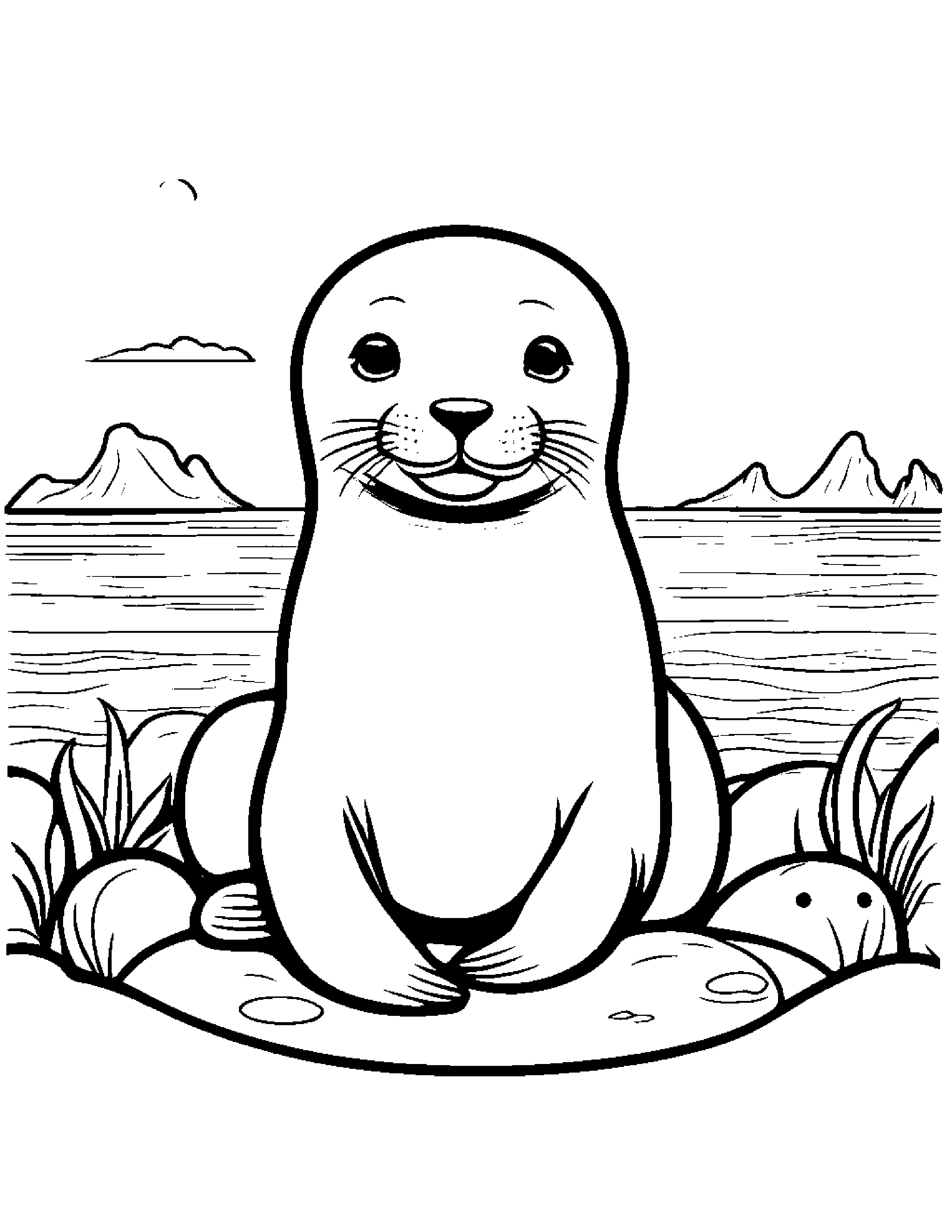 Seal Pup With A Sunny Sticker At The Playground Coloring Page (Free Printable PDF)