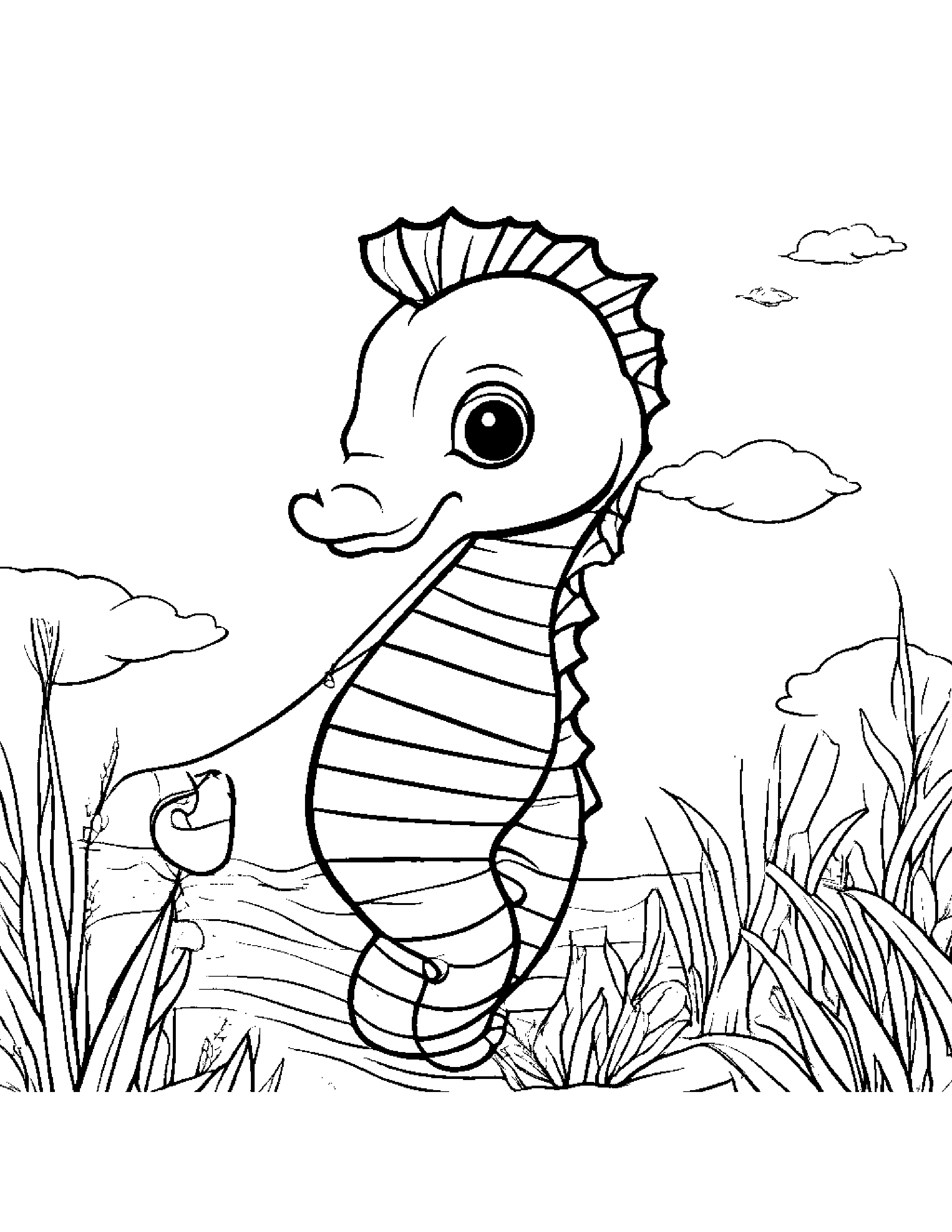 Shy Seahorse Flying A Kite #4 Coloring Page (Free Printable PDF)