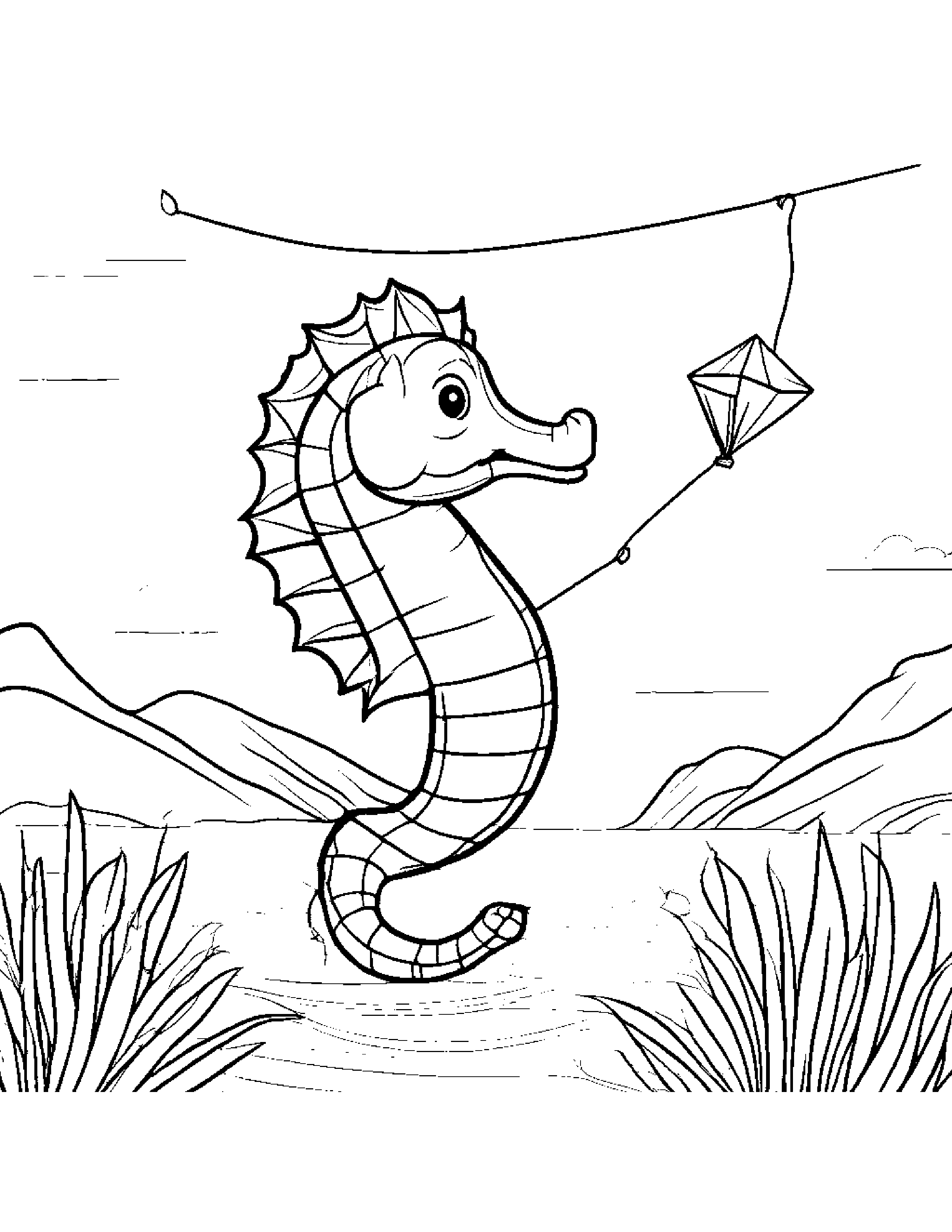 Shy Seahorse Flying A Kite Coloring Page (Free Printable PDF)