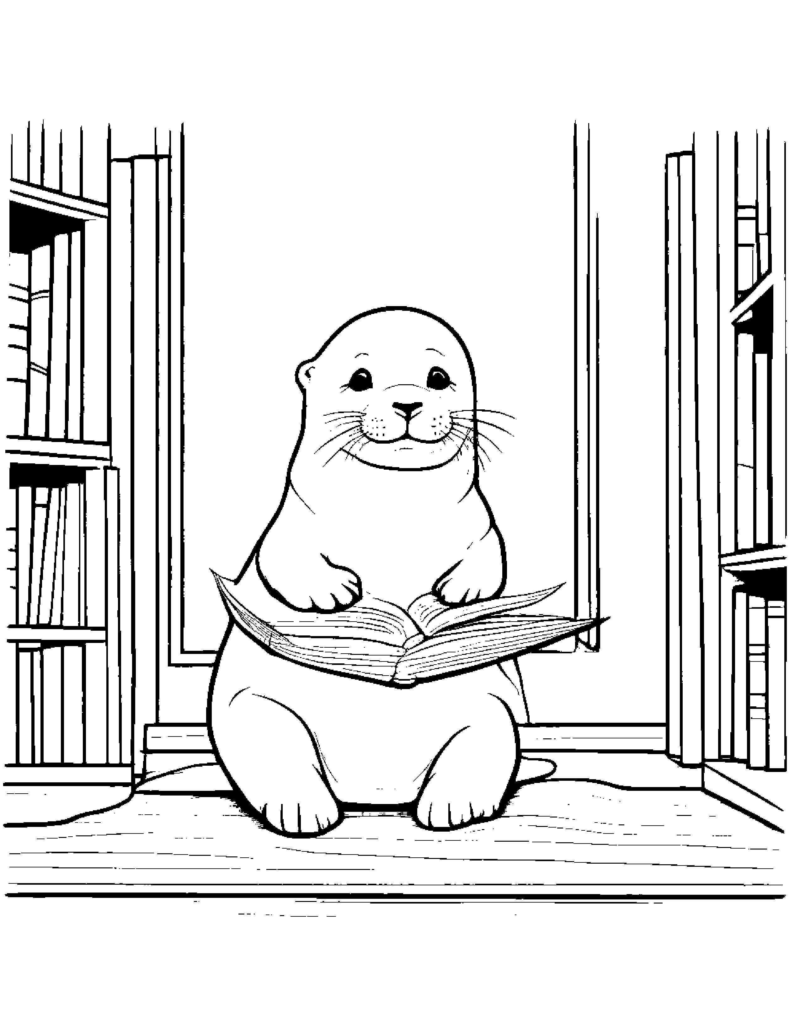 Sprightly Seal Pup Balancing On A Line By A Reading Nook #2 Coloring Page (Free Printable PDF)