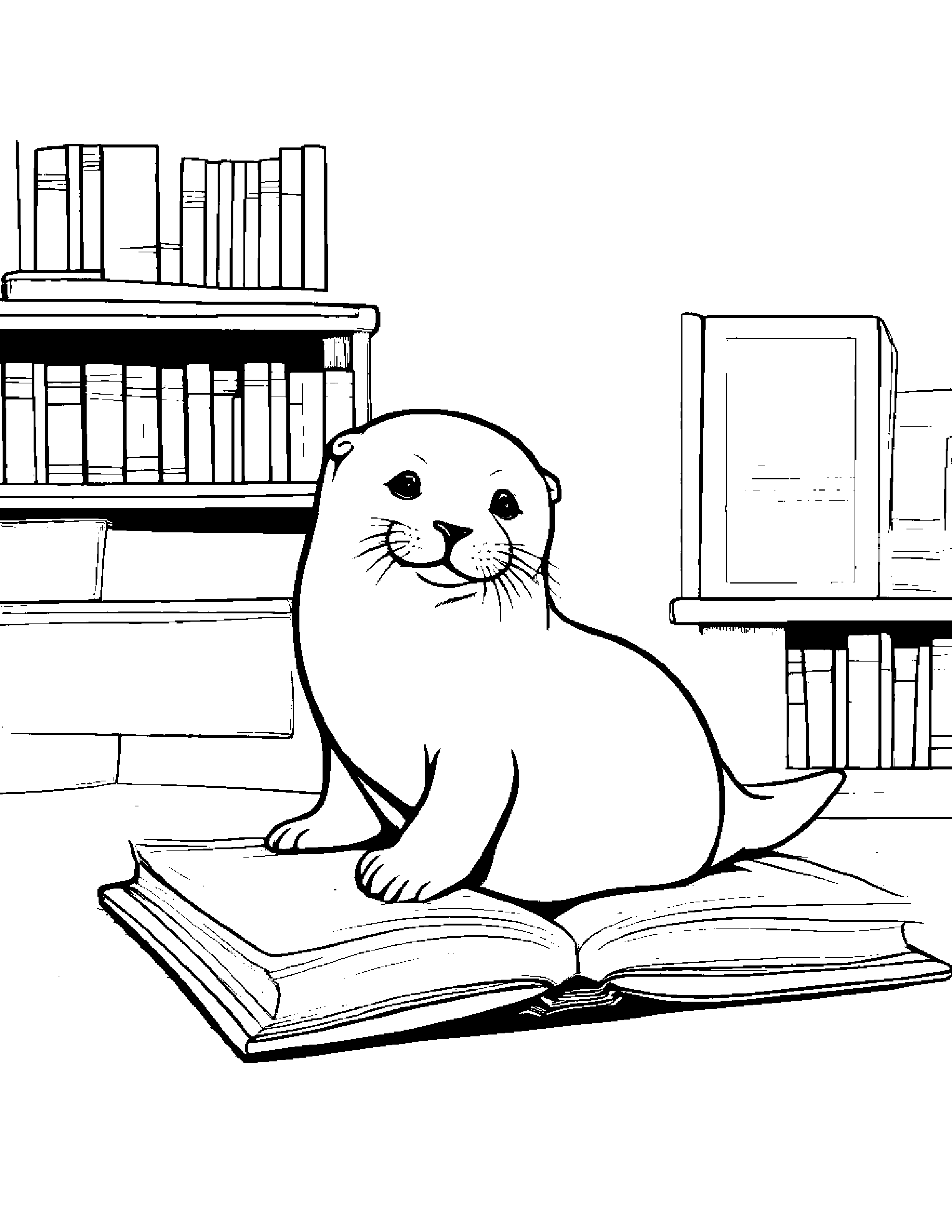 Sprightly Seal Pup Balancing On A Line By A Reading Nook #5 Coloring Page (Free Printable PDF)