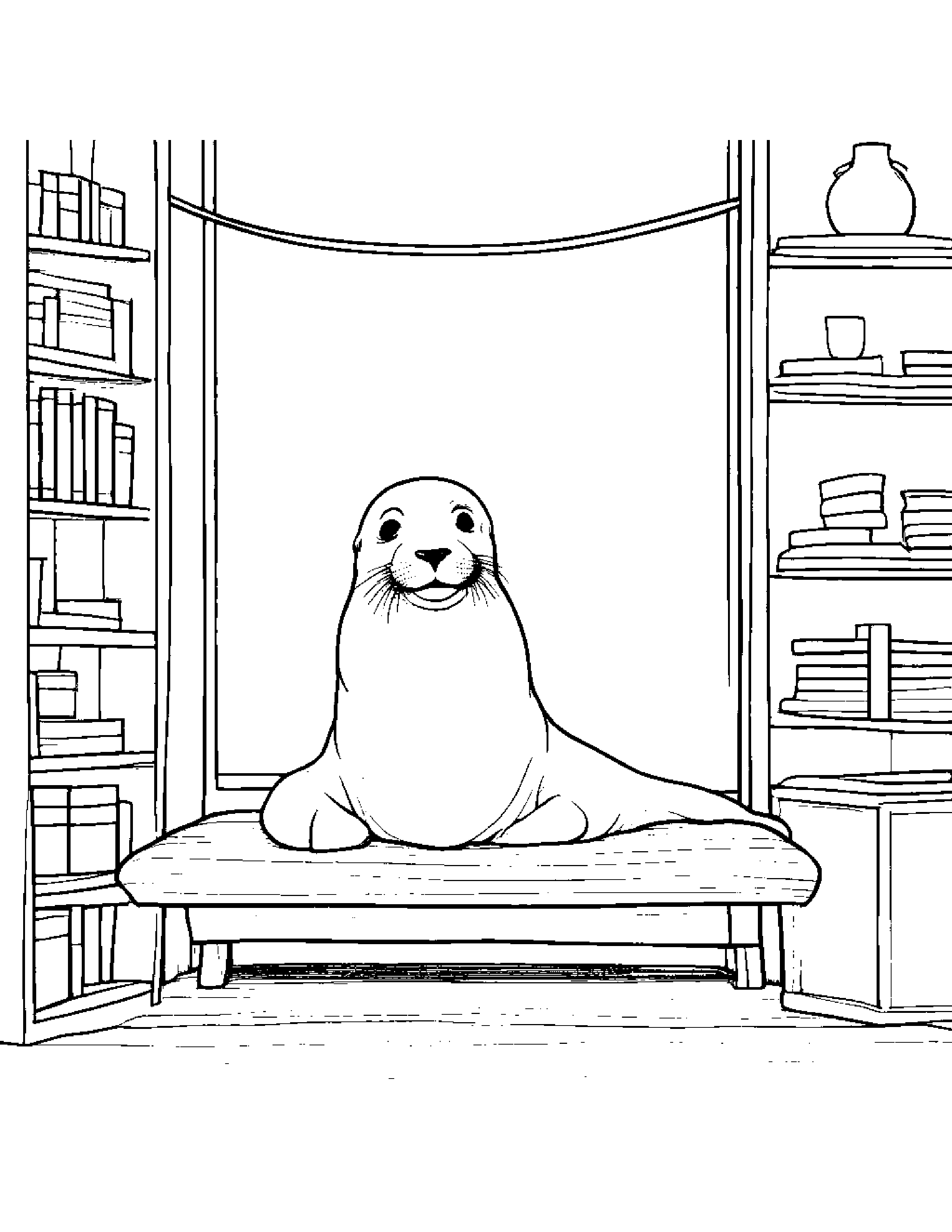Sprightly Seal Pup Balancing On A Line By A Reading Nook Coloring Page (Free Printable PDF)