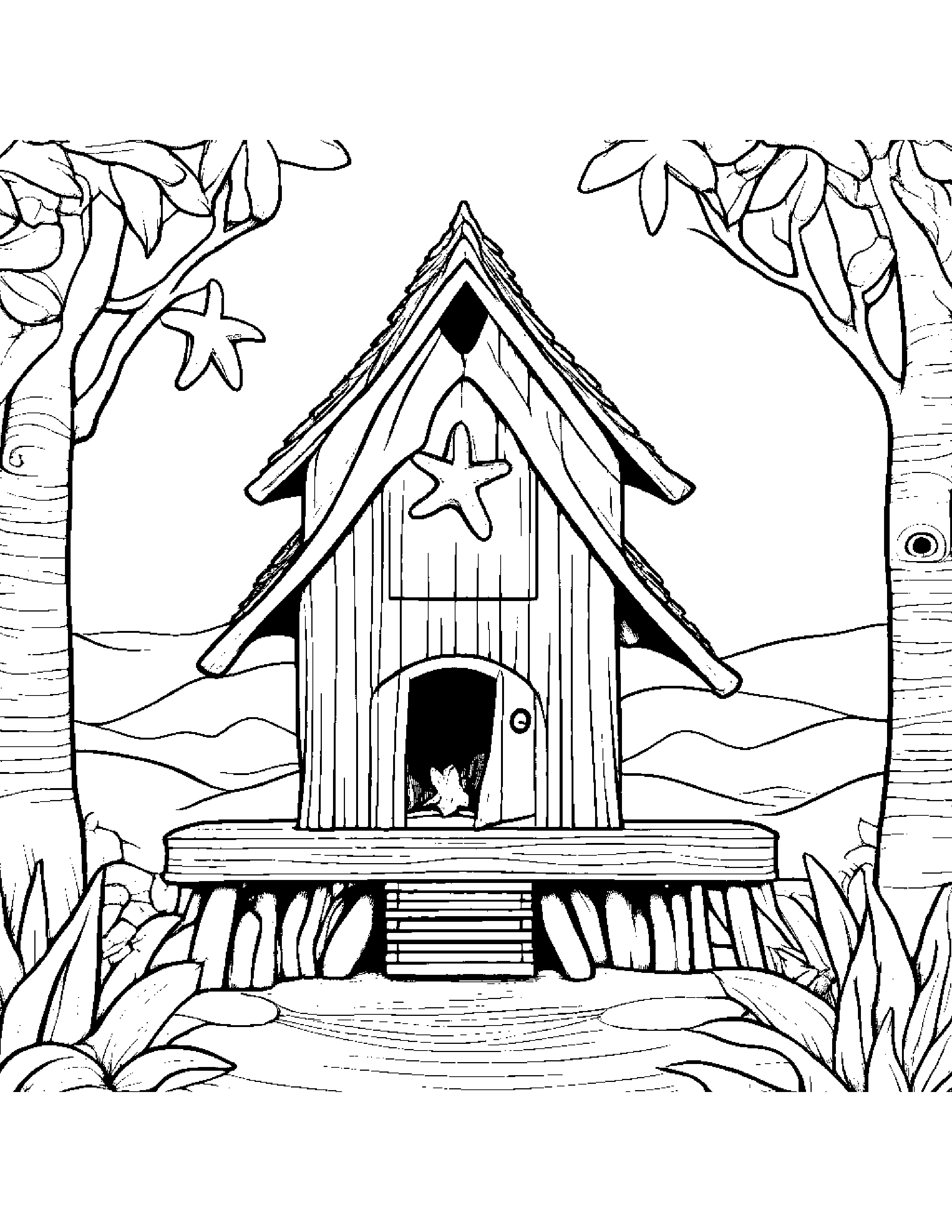 Starfish With A Little Heart In A Treehouse Coloring Page (Free Printable PDF)