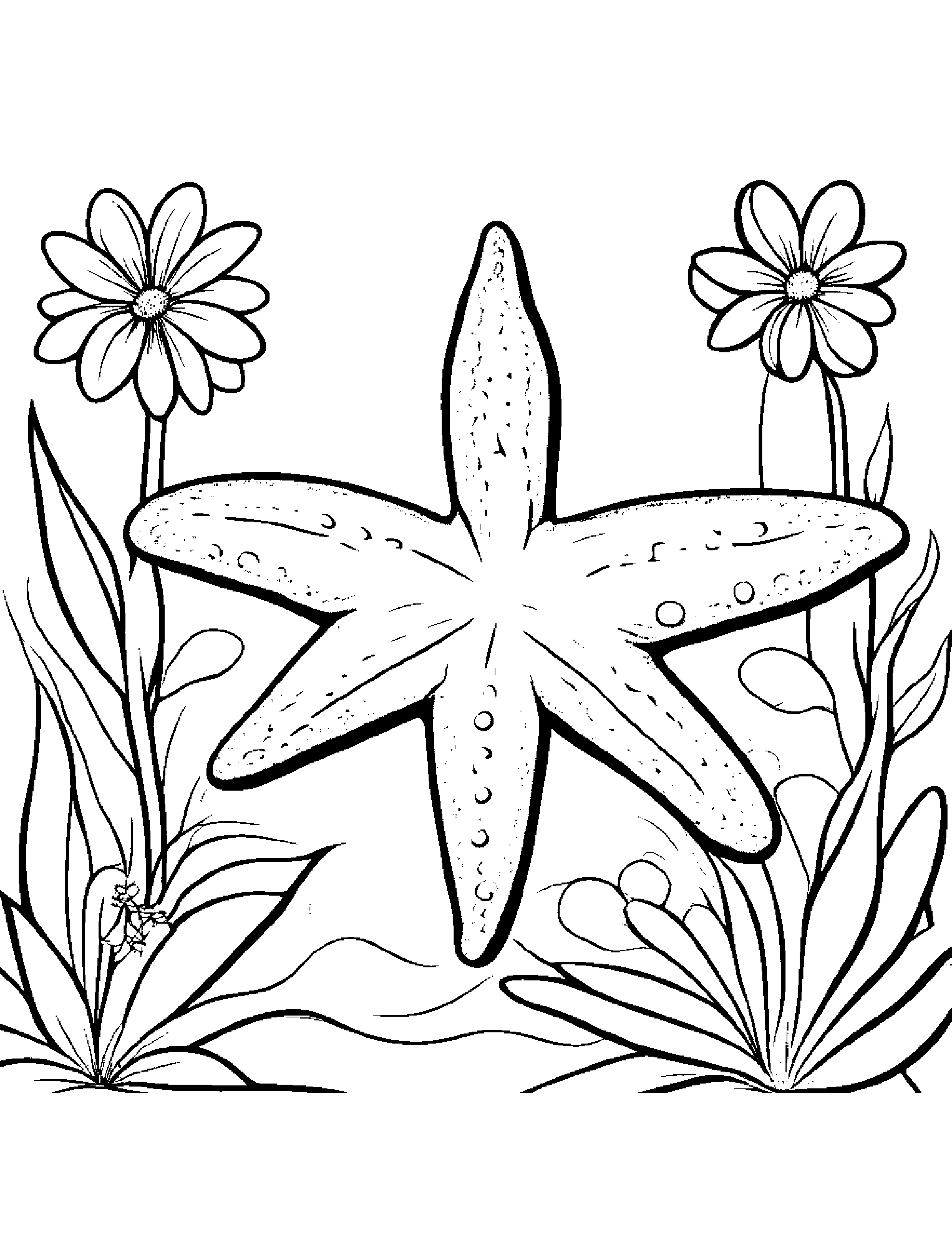 Starfish With A Small Flower #2 Coloring Page (Free Printable PDF)