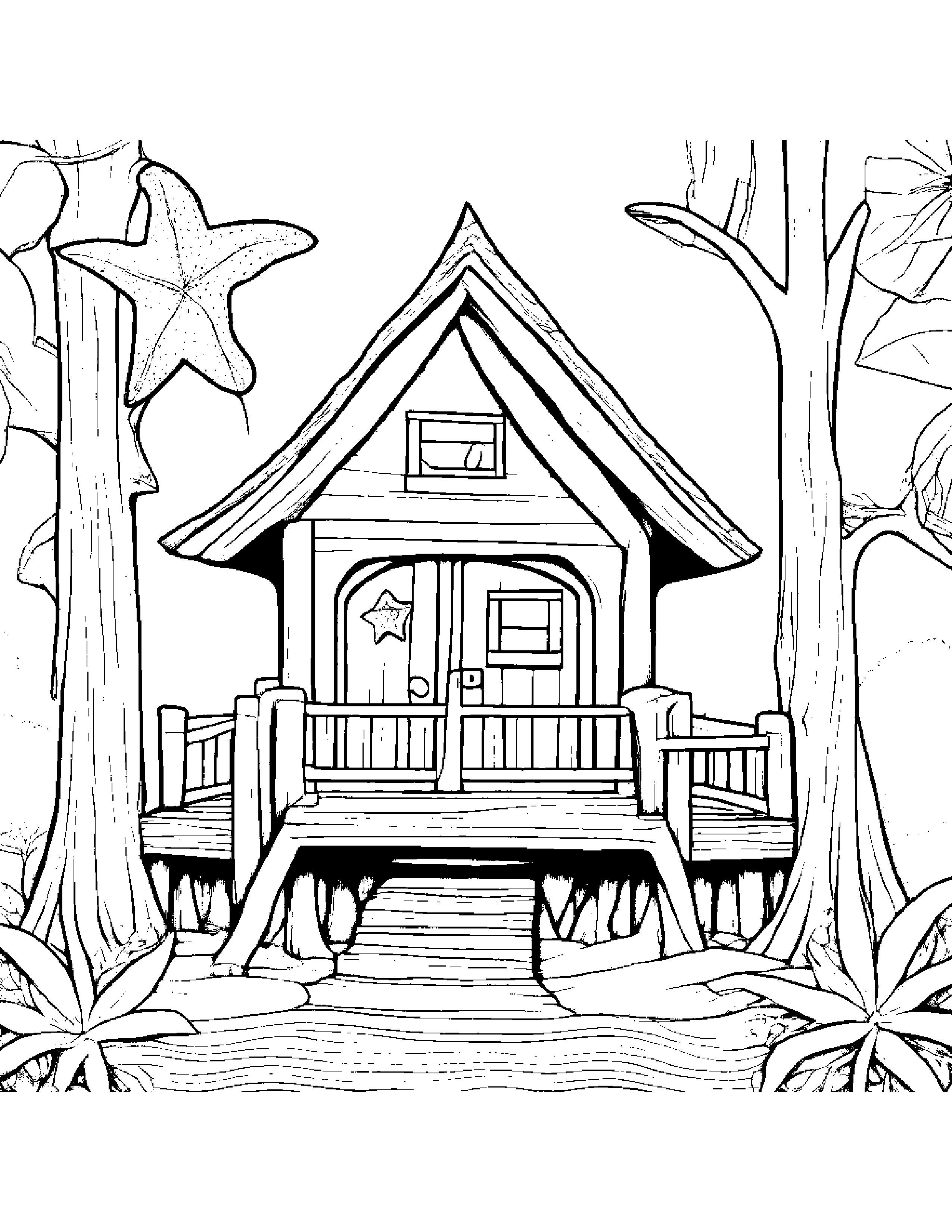 Starfish With A Tiny Bow In A Treehouse #2 Coloring Page (Free Printable PDF)