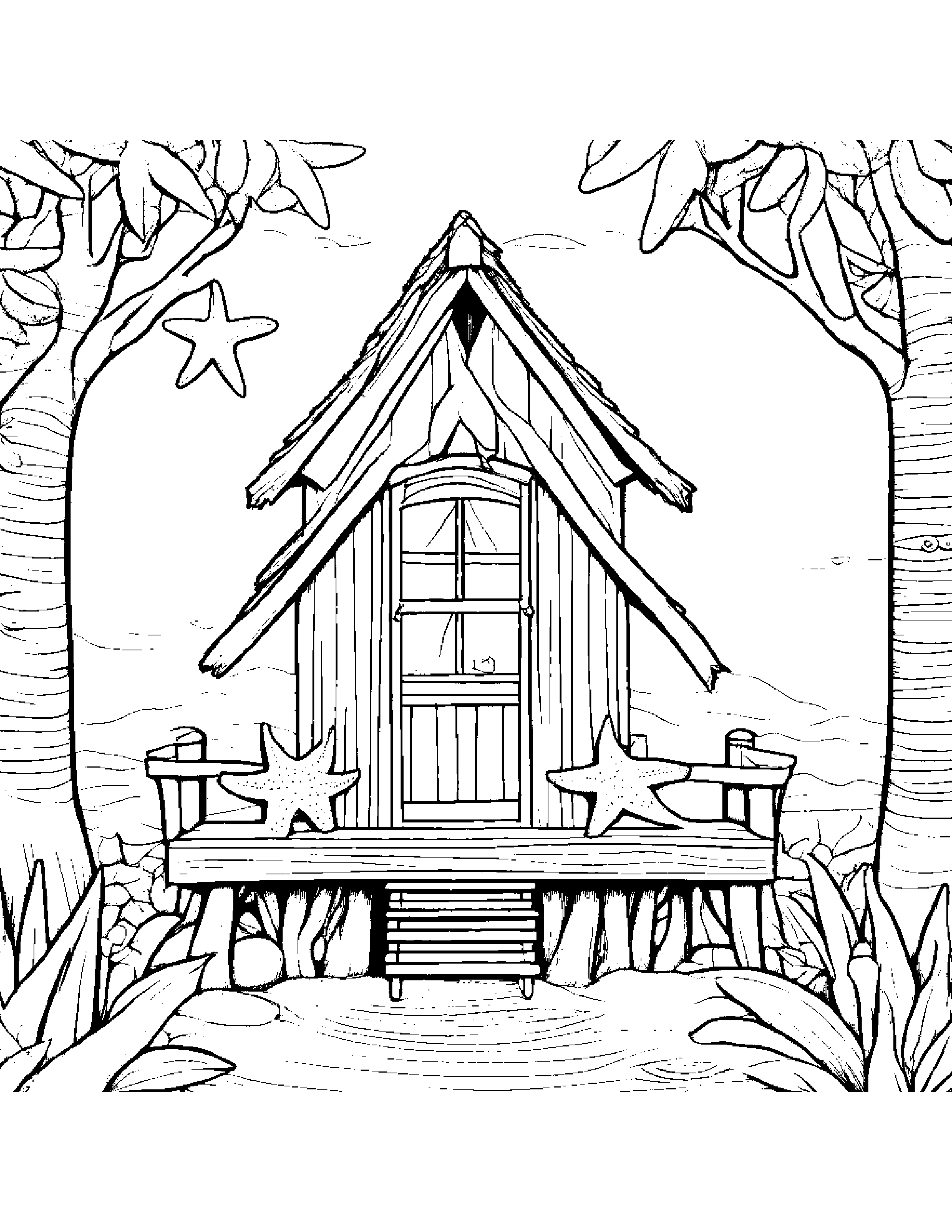 Starfish With A Tiny Bow In A Treehouse Coloring Page (Free Printable PDF)