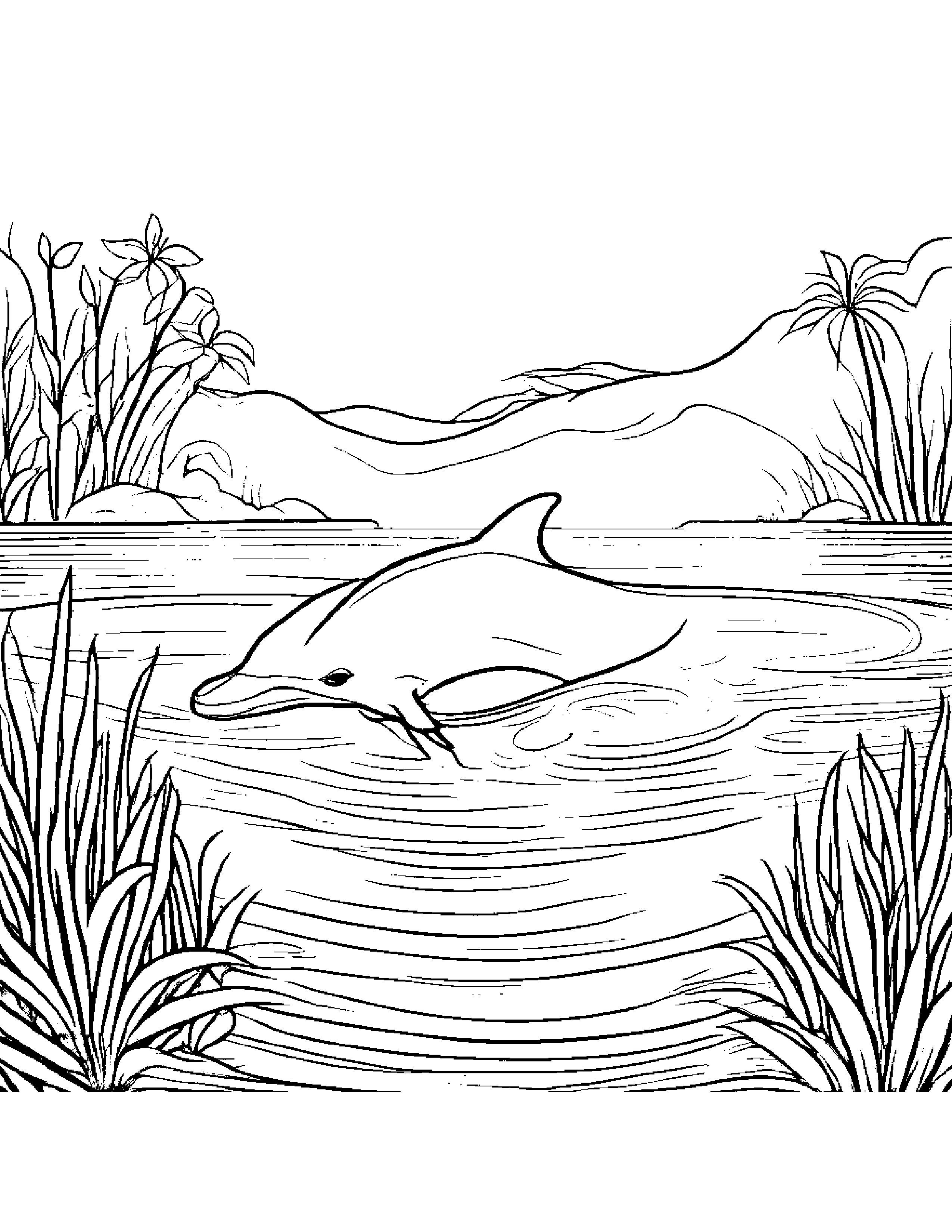 Sunny Dolphin Calf Near A Gentle Stream #2 Coloring Page (Free Printable PDF)