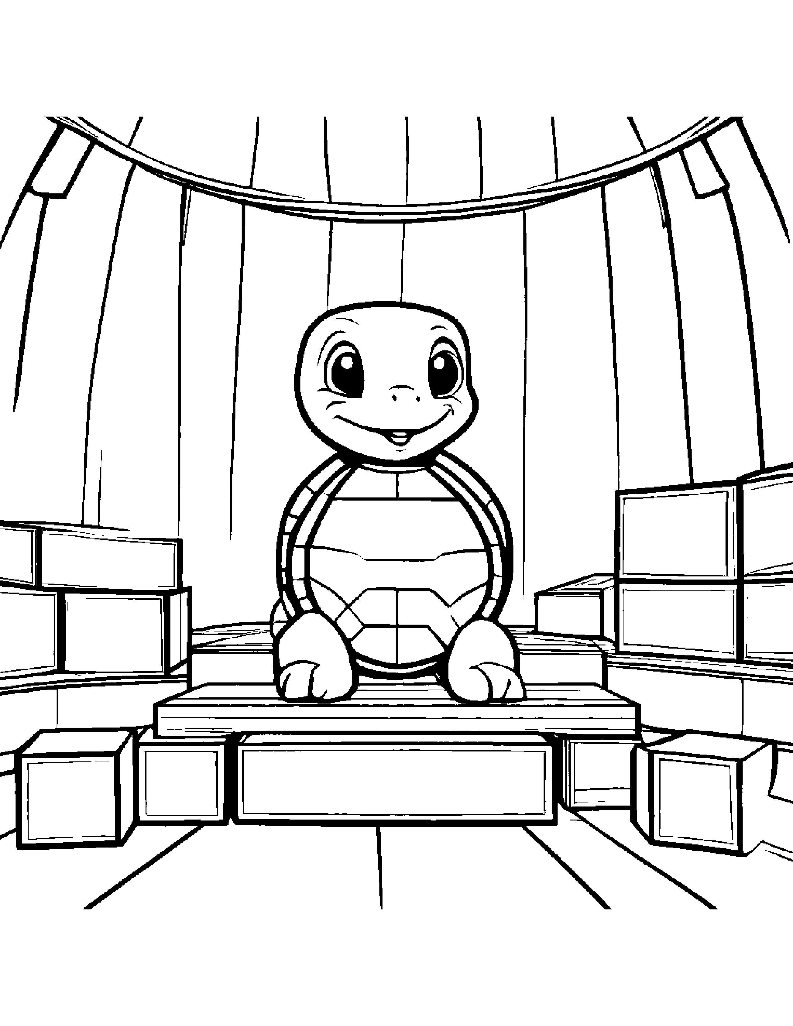Turtle Hatchling Stacking Blocks On A Music Stage #2 Coloring Page (Free Printable PDF)