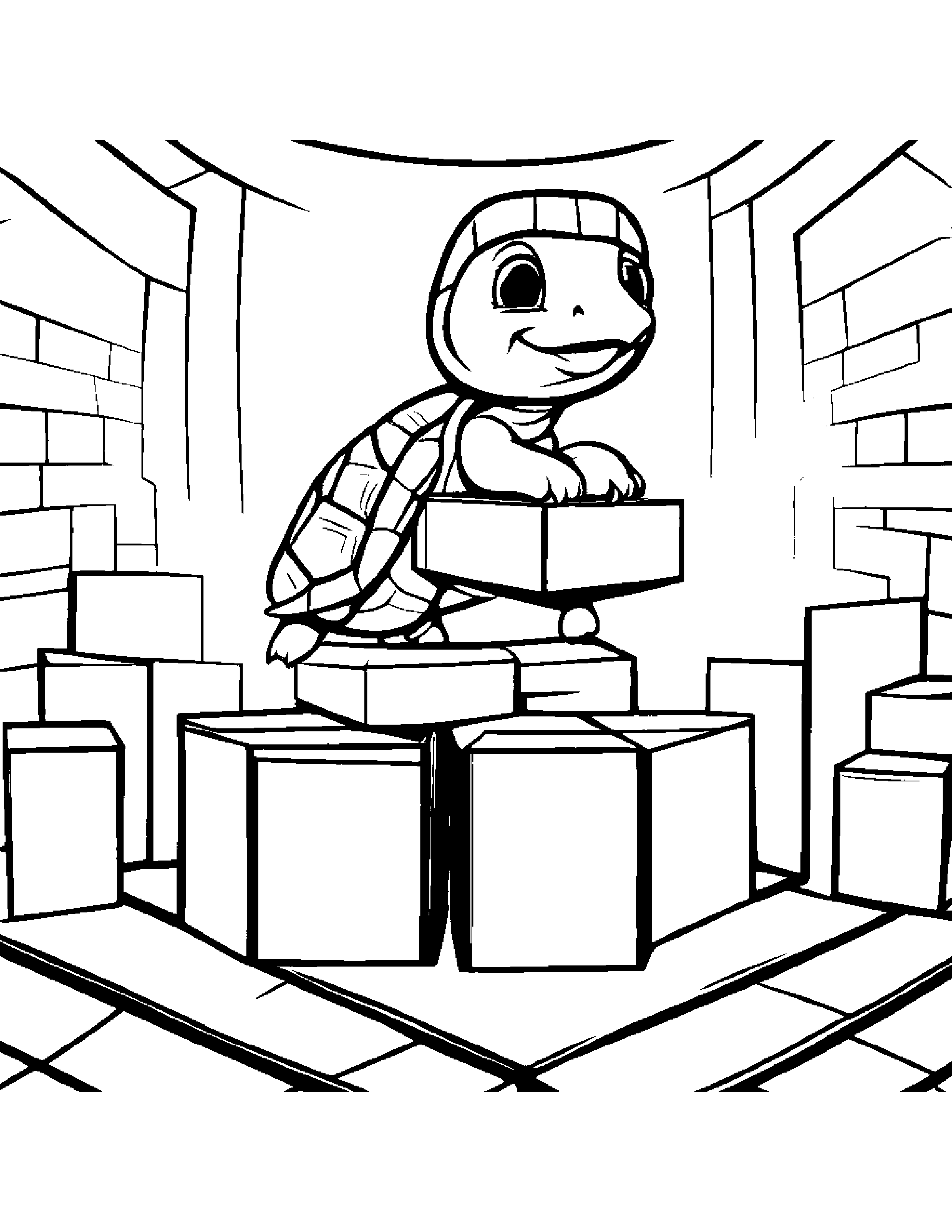 Turtle Hatchling Stacking Blocks On A Music Stage #3 Coloring Page (Free Printable PDF)