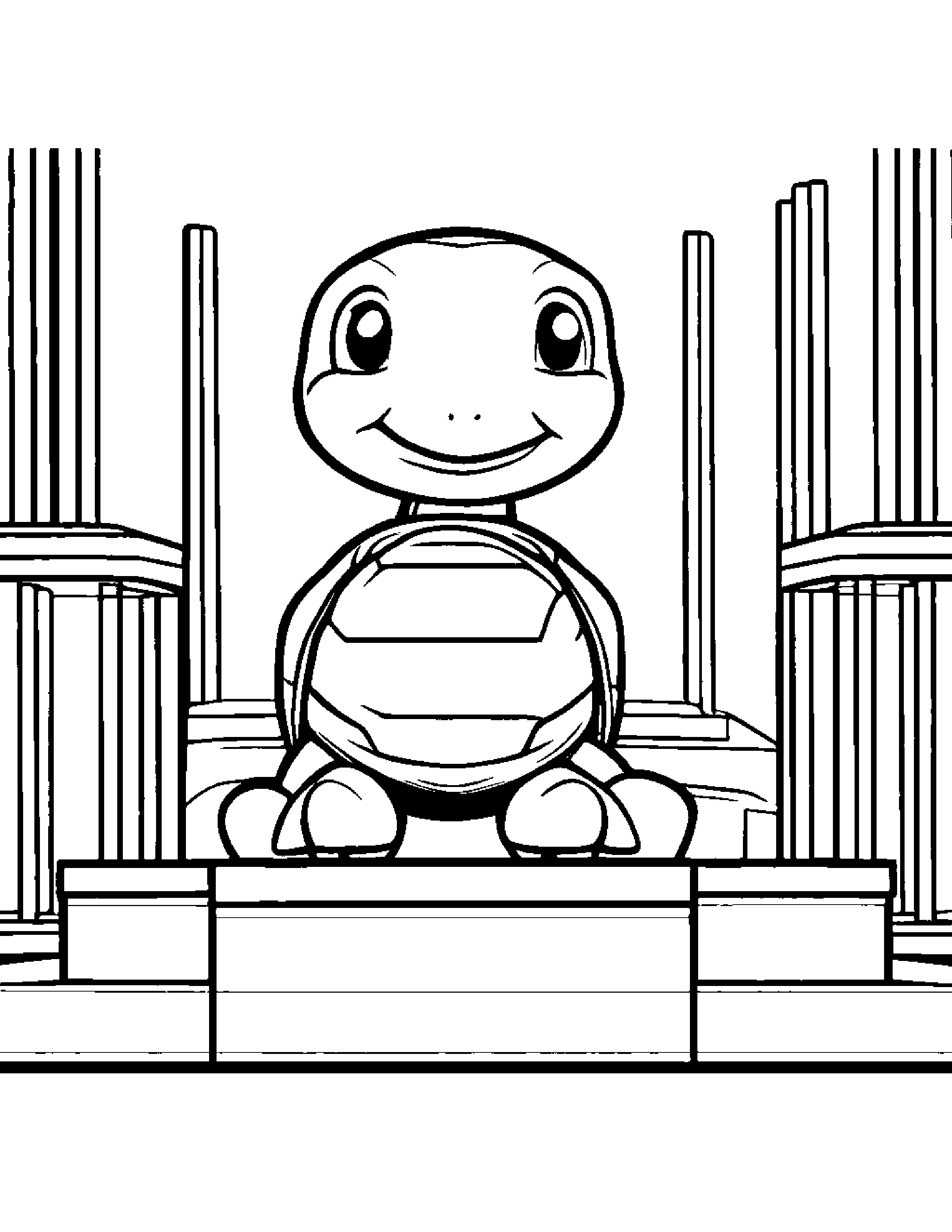 Turtle Hatchling Stacking Blocks On A Music Stage Coloring Page (Free Printable PDF)