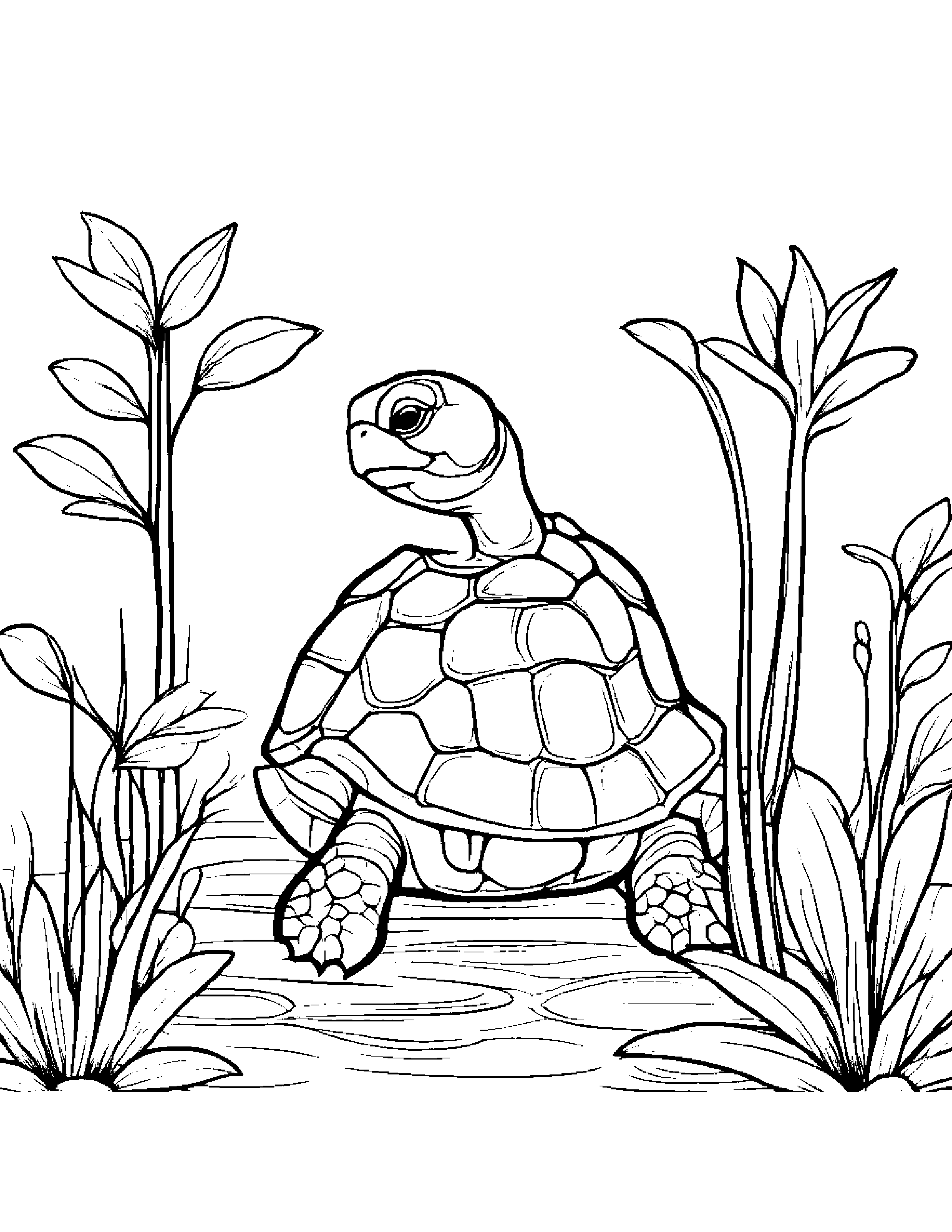 Turtle Hatchling Watering A Plant #2 Coloring Page (Free Printable PDF)