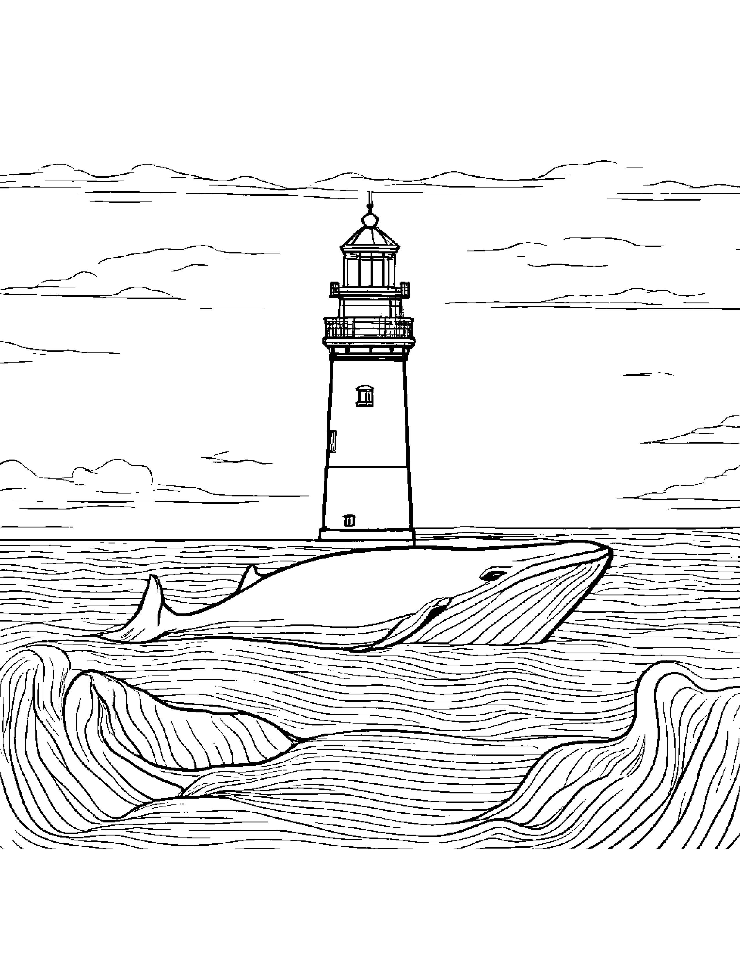 Whale Calf Coloring Near A Lighthouse #2 Coloring Page (Free Printable PDF)