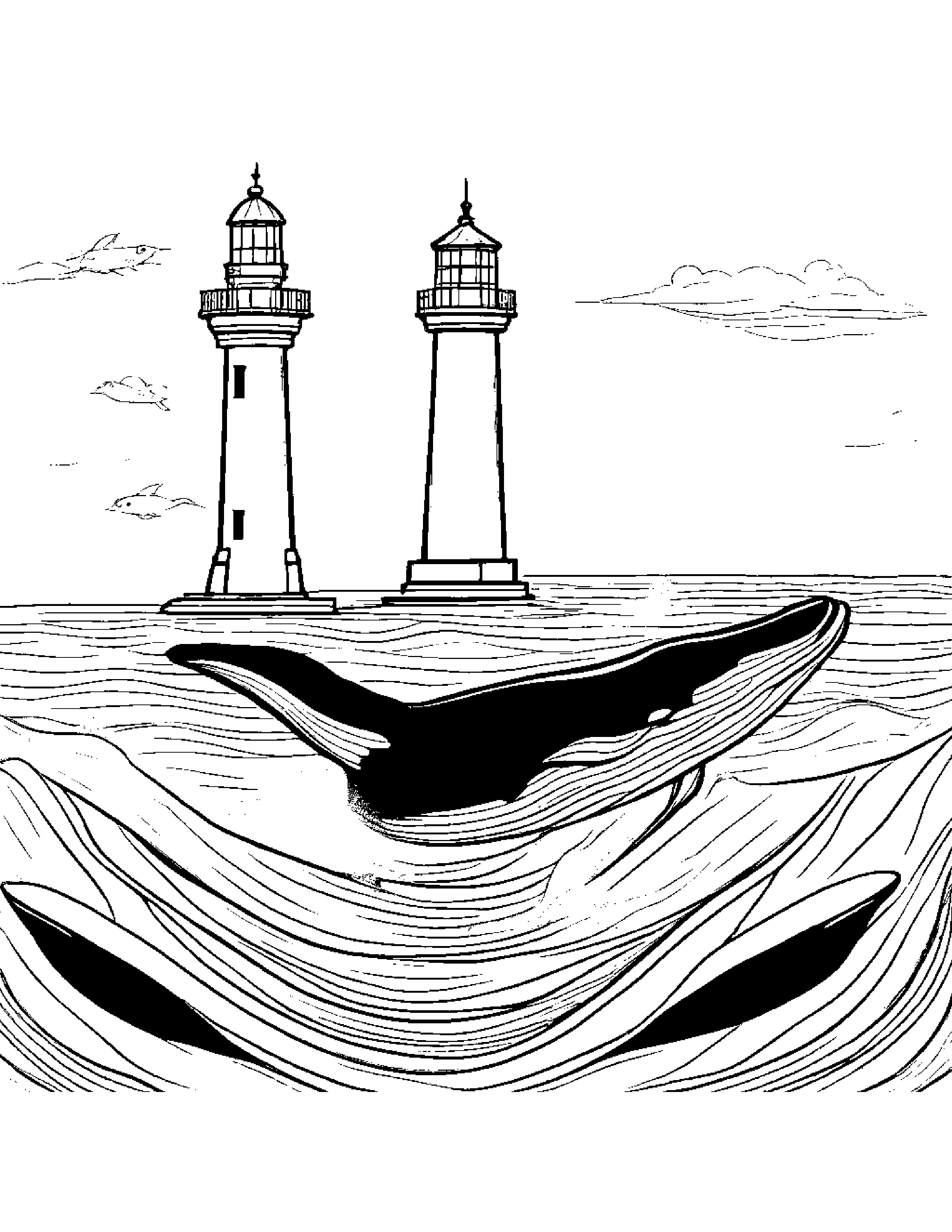 Whale Calf Coloring Near A Lighthouse #5 Coloring Page (Free Printable PDF)