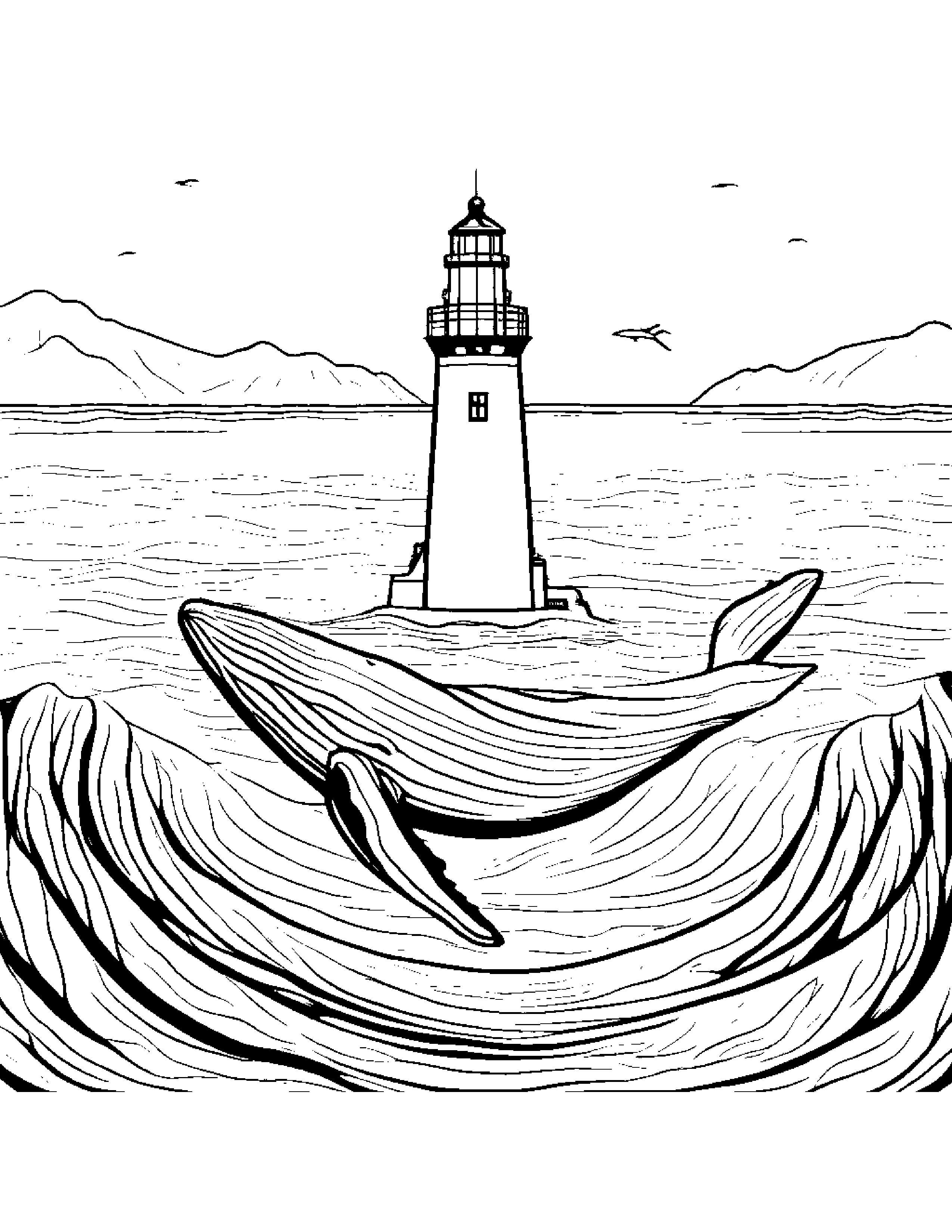 Whale Calf Coloring Near A Lighthouse Coloring Page (Free Printable PDF)