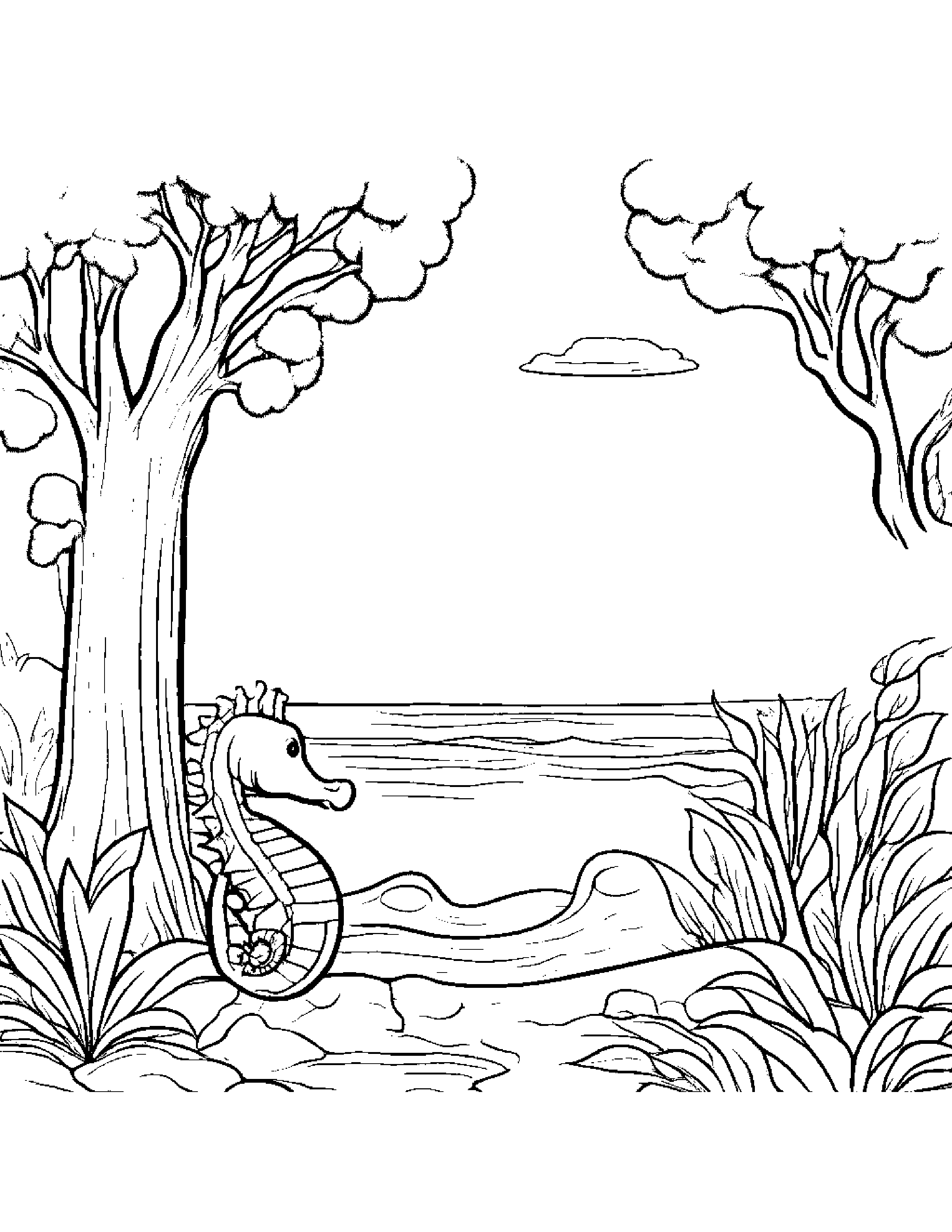 Zippy Seahorse Reading A Storybook By A Little Tree #2 Coloring Page (Free Printable PDF)