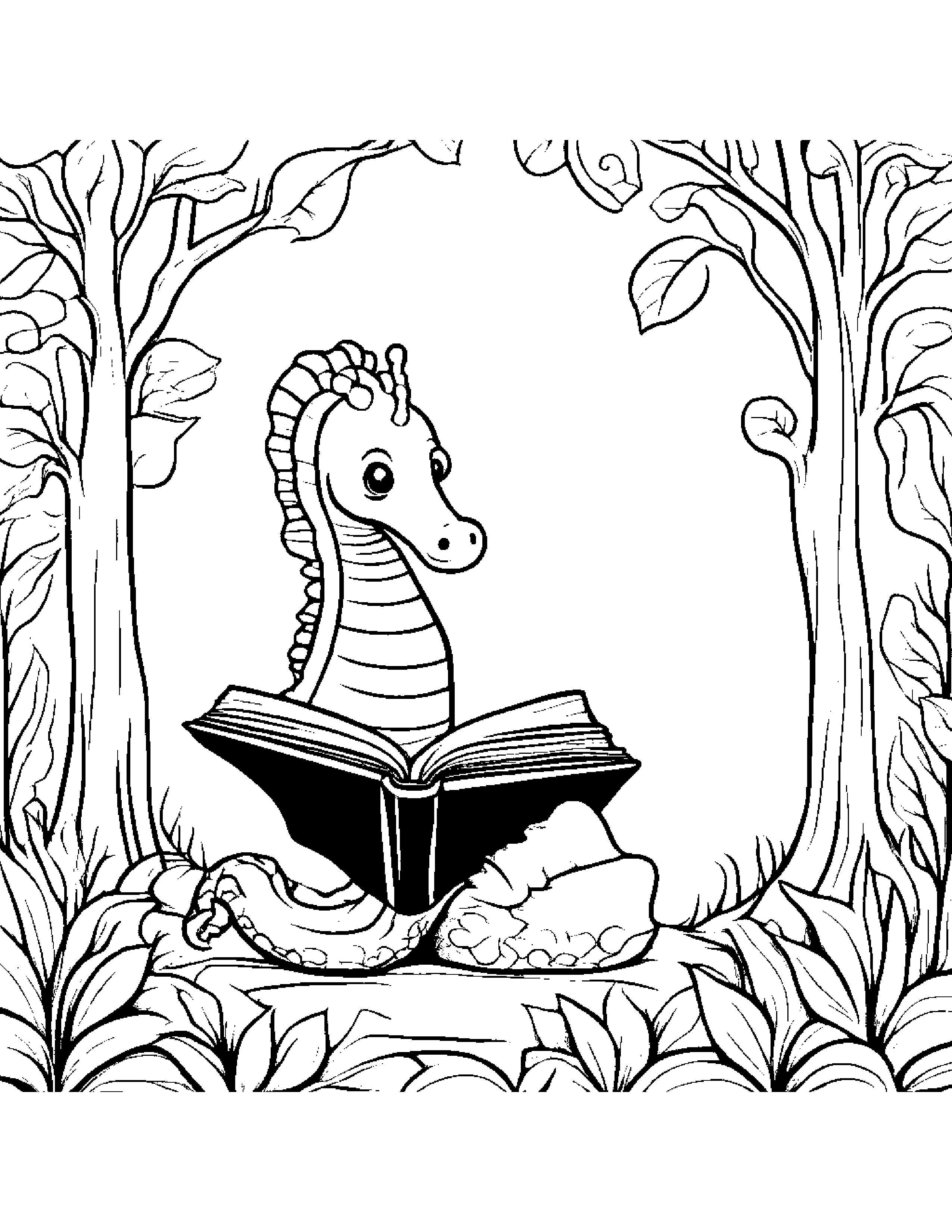 Zippy Seahorse Reading A Storybook By A Little Tree #3 Coloring Page (Free Printable PDF)