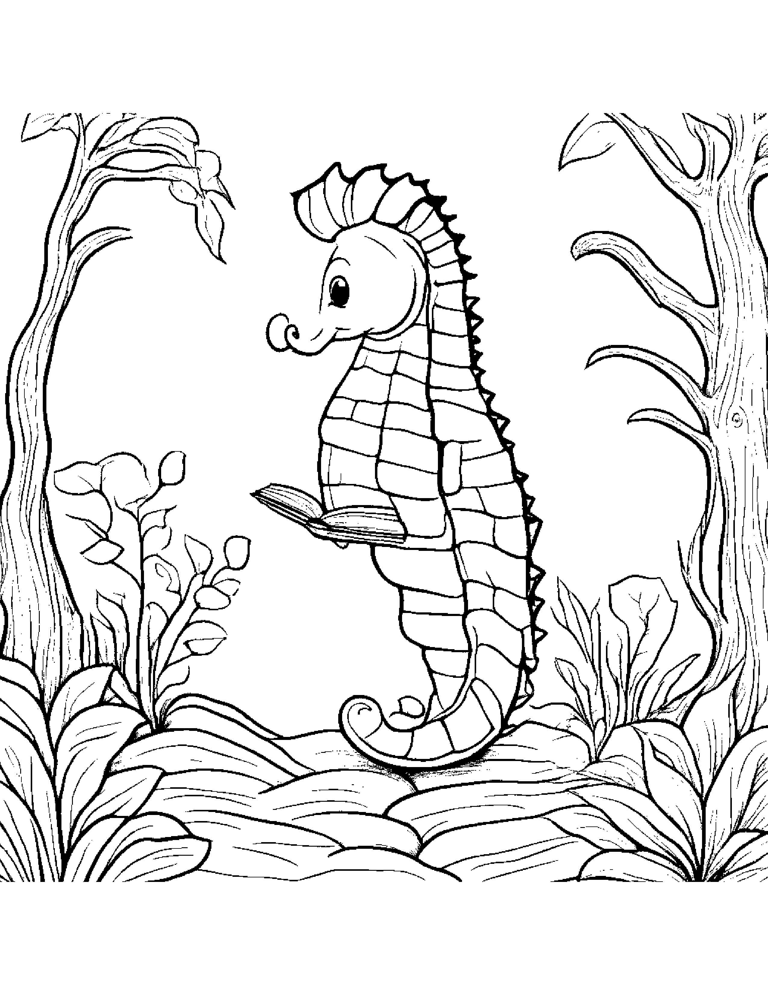 Zippy Seahorse Reading A Storybook By A Little Tree #4 Coloring Page (Free Printable PDF)