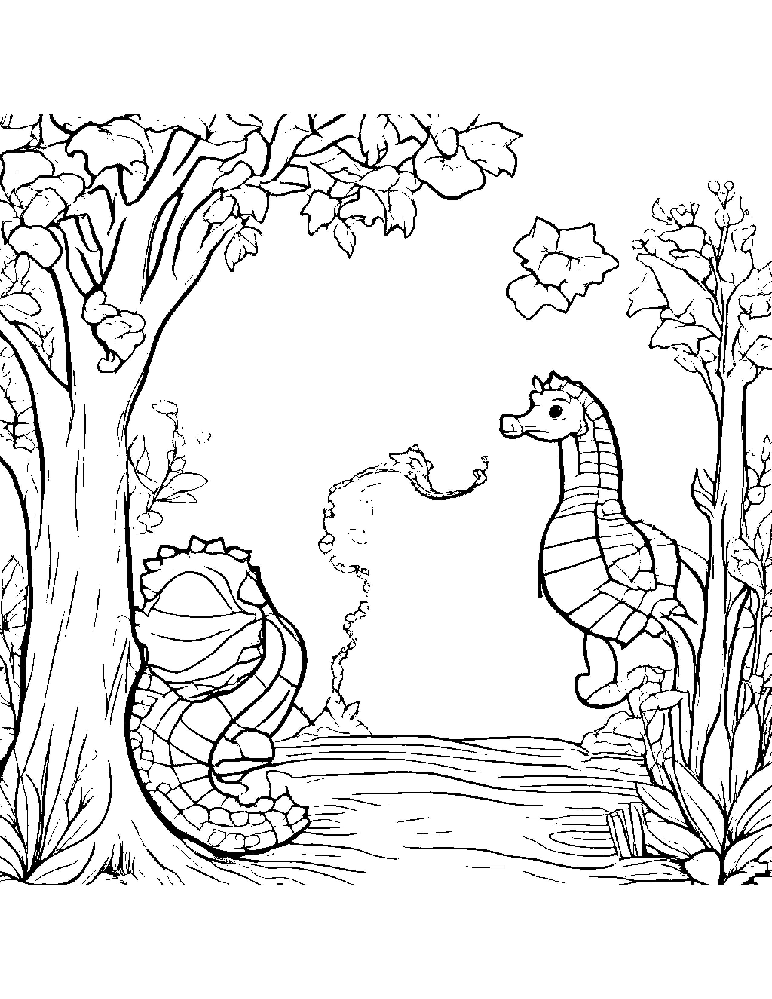 Zippy Seahorse Reading A Storybook By A Little Tree #5 Coloring Page (Free Printable PDF)